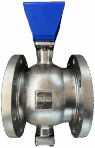 A metal flanged ball valve with a blue handle against a white background.