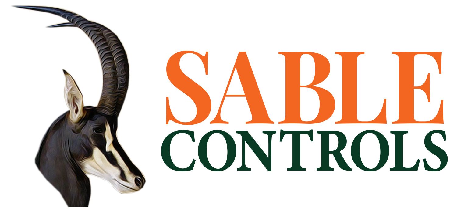 A Sable antelope head profile to the left of the orange and green text "SABLE CONTROLS".