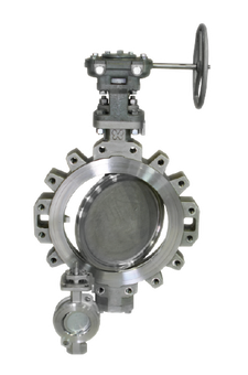 A metal lug-style butterfly valve with a manual gear operator and a smaller secondary valve attached at the bottom.