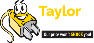 A logo for taylor electric with a smiling plug