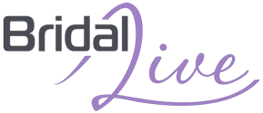 The blissful bridal logo has a blue flower on it.