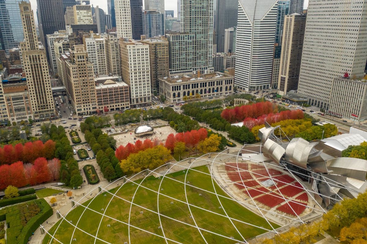 An aerial view of a park in the middle of a city