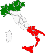 A map of italy with the colors of the italian flag.