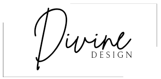 A black and white logo for divine design on a white background.