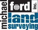 Michael Ford Land Surveying logo: Text in black and blue with a globe symbol.