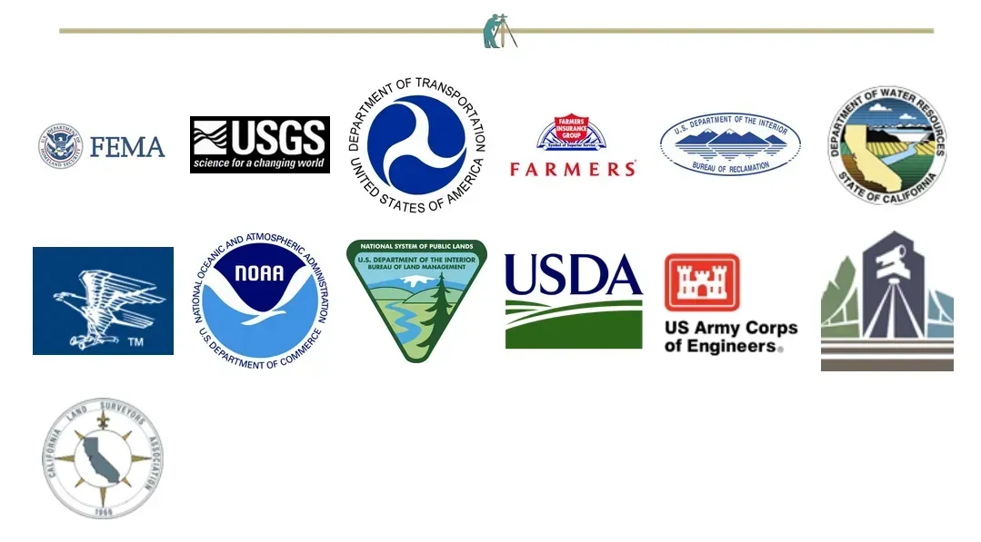 Logos of various U.S. government agencies, including FEMA, USGS, NOAA, and USDA, displayed in rows.