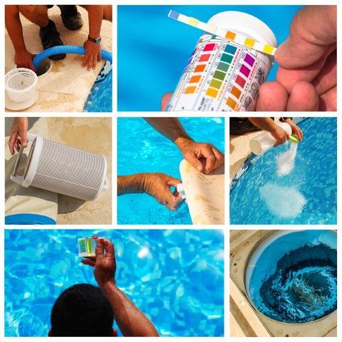 Pool maintenance collage showing hands testing and adding blue pool chemicals, cleaning tools, and clear water.