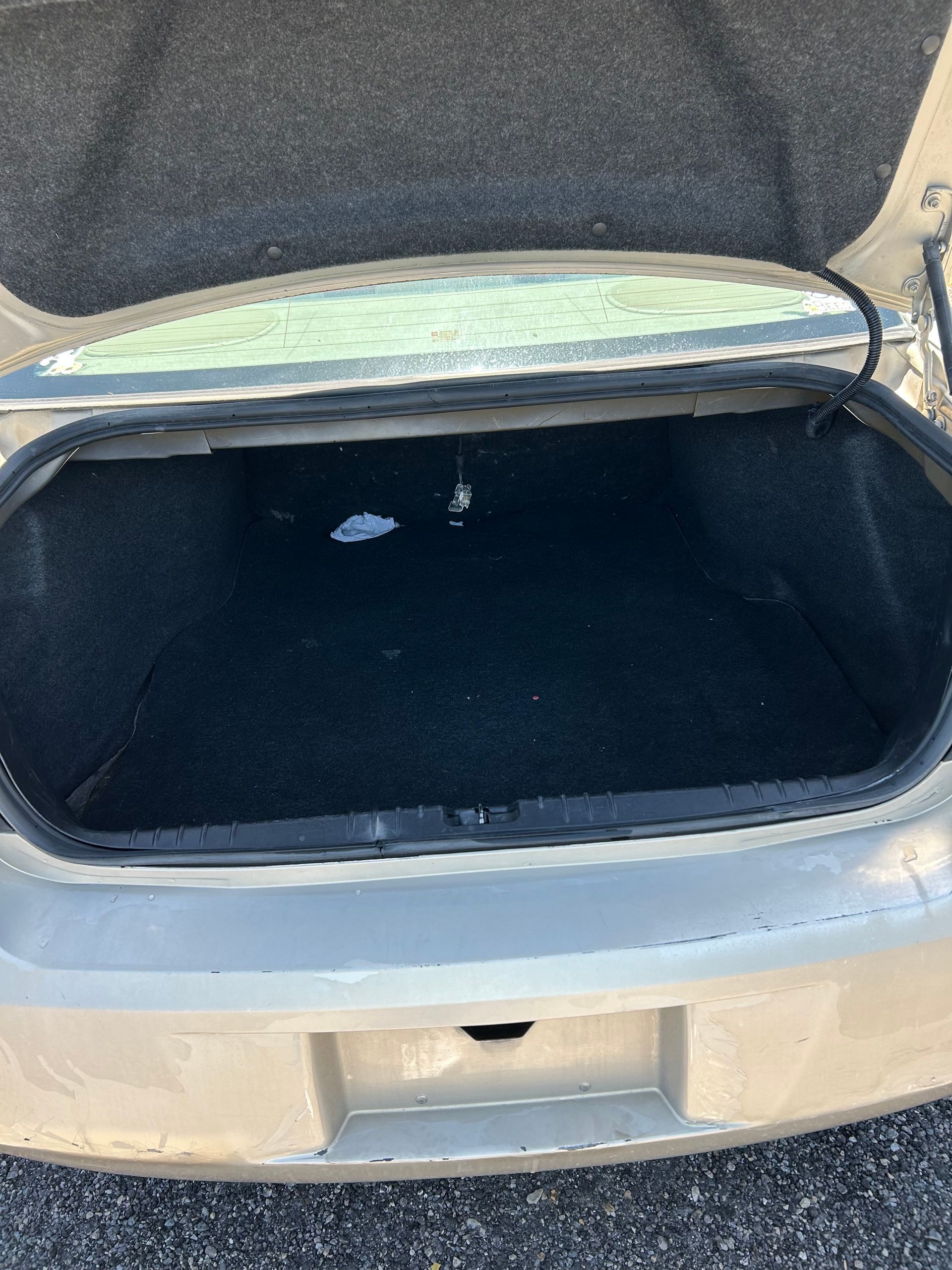 Open car trunk with black carpeted cargo area and silver exterior.