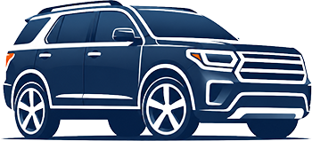 Blue SUV car icon in side view with white accents and tinted windows