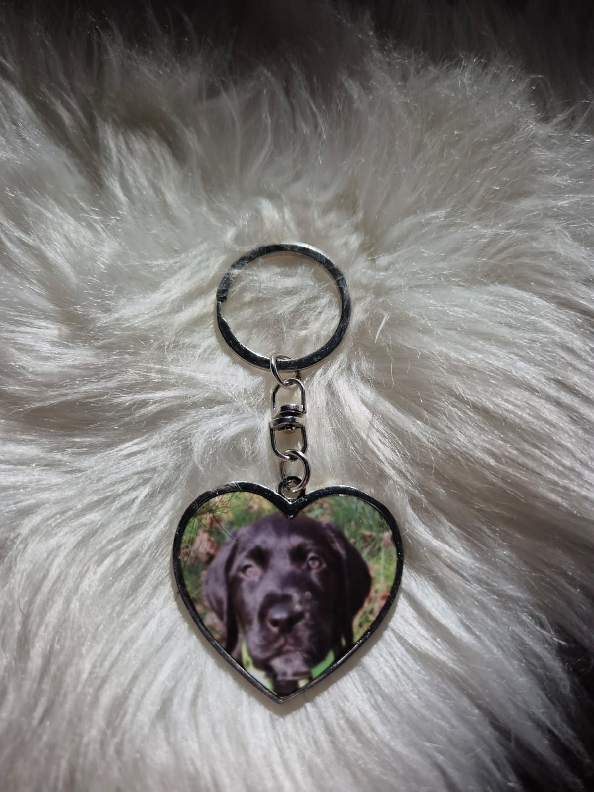 Een sleutelhanger in de vorm van een hart met een afbeelding van een hond erop.