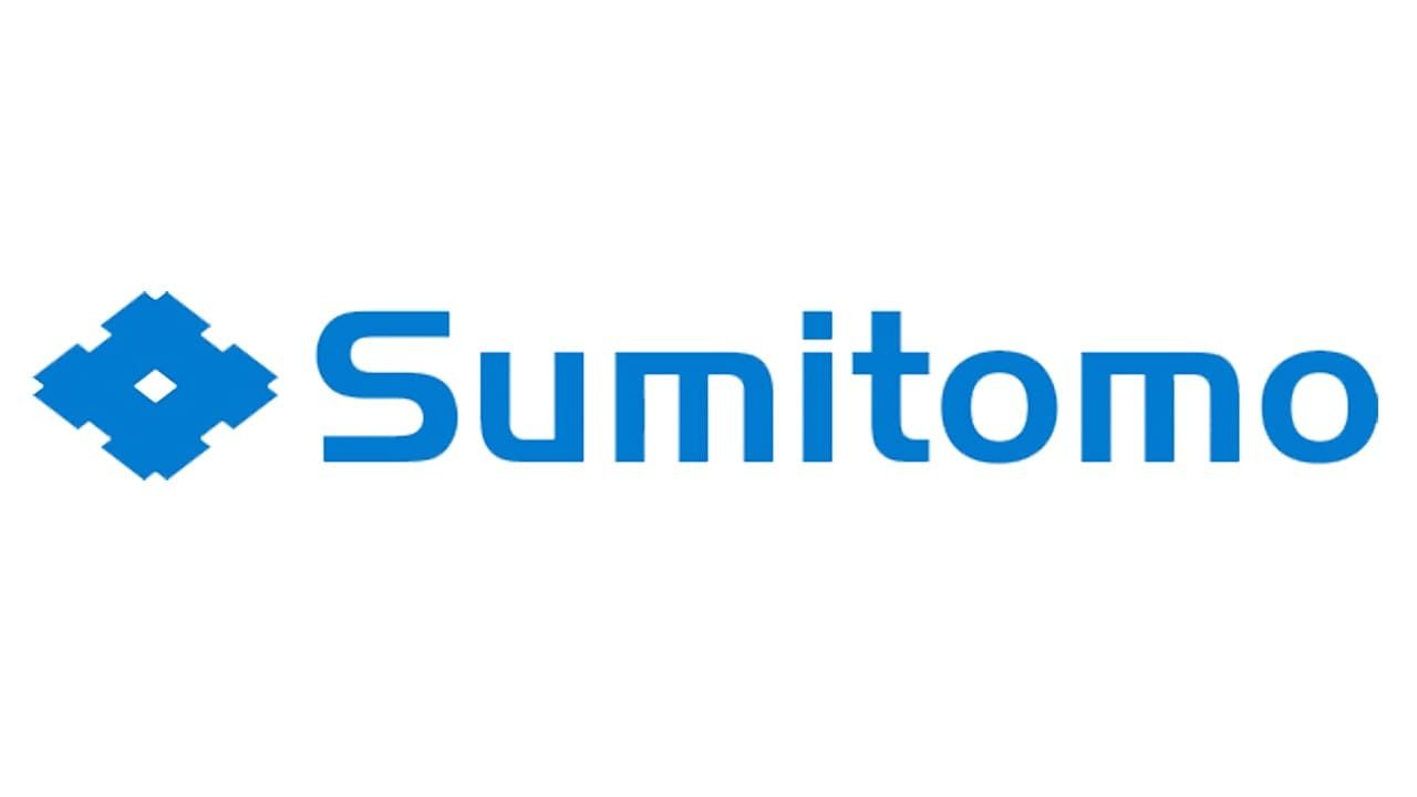 Blue Sumitomo logo with geometric icon and wordmark on a white background