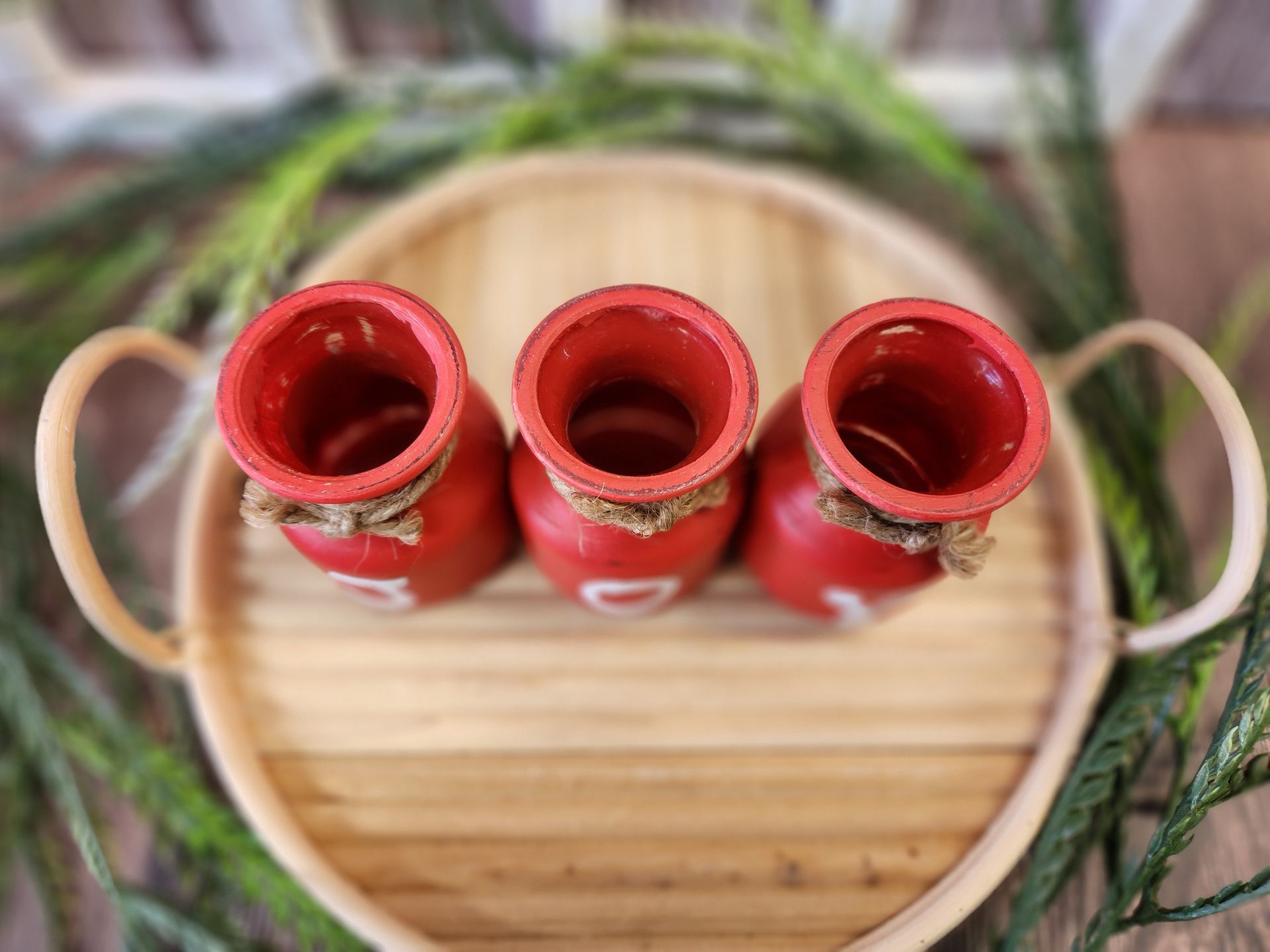 Mini Joy Jars, with greenery, Farmhouse red, Christmas decor
