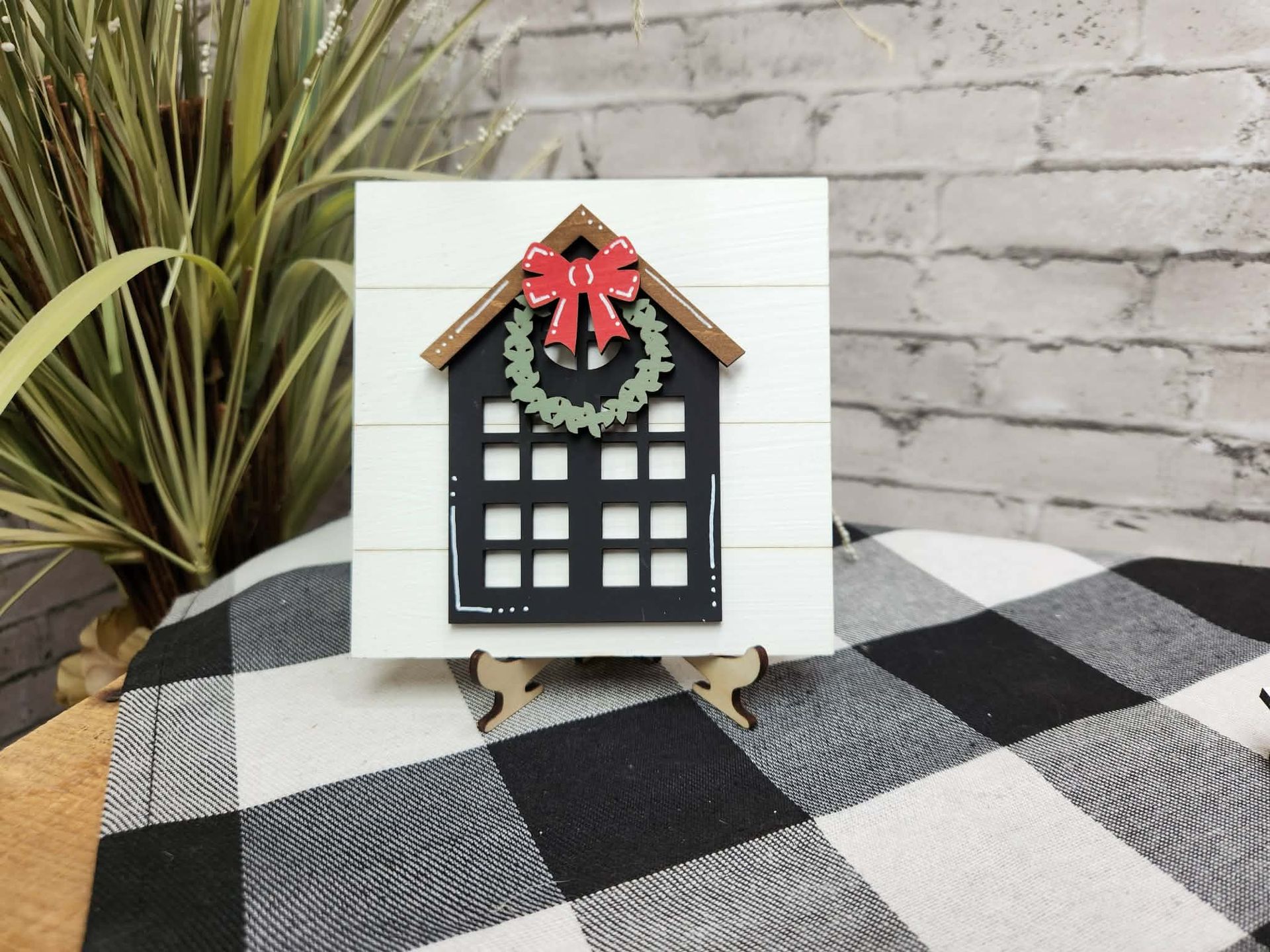 Black house with Christmas wreath Change Out Square, Black house with Christmas wreath,Black house with Christmas wreath tiered tray decor,Black house with Christmas wreath dough bowl décor