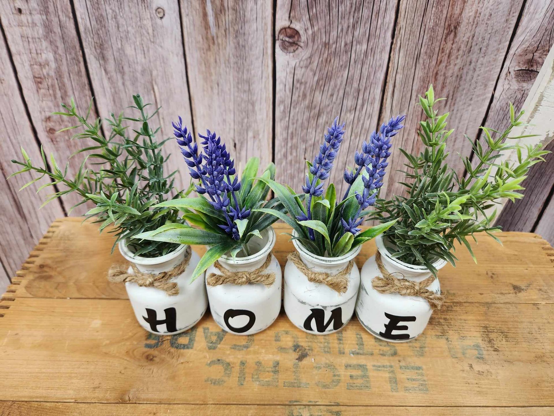 Mini home jars, lavender flowers, greenery, with twine, Rustic decor