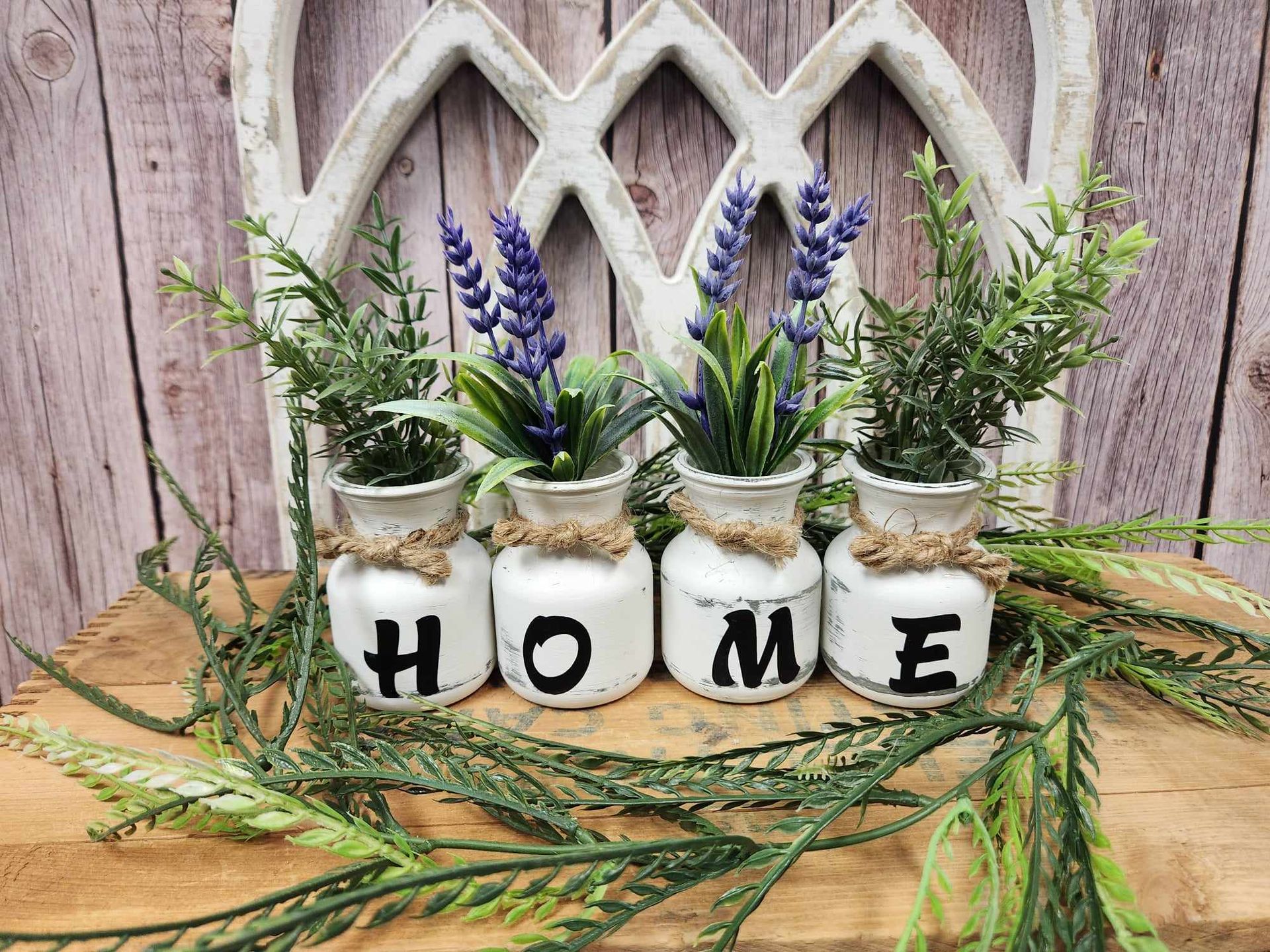 Mini home jars, lavender flowers, greenery, with twine, Rustic decor