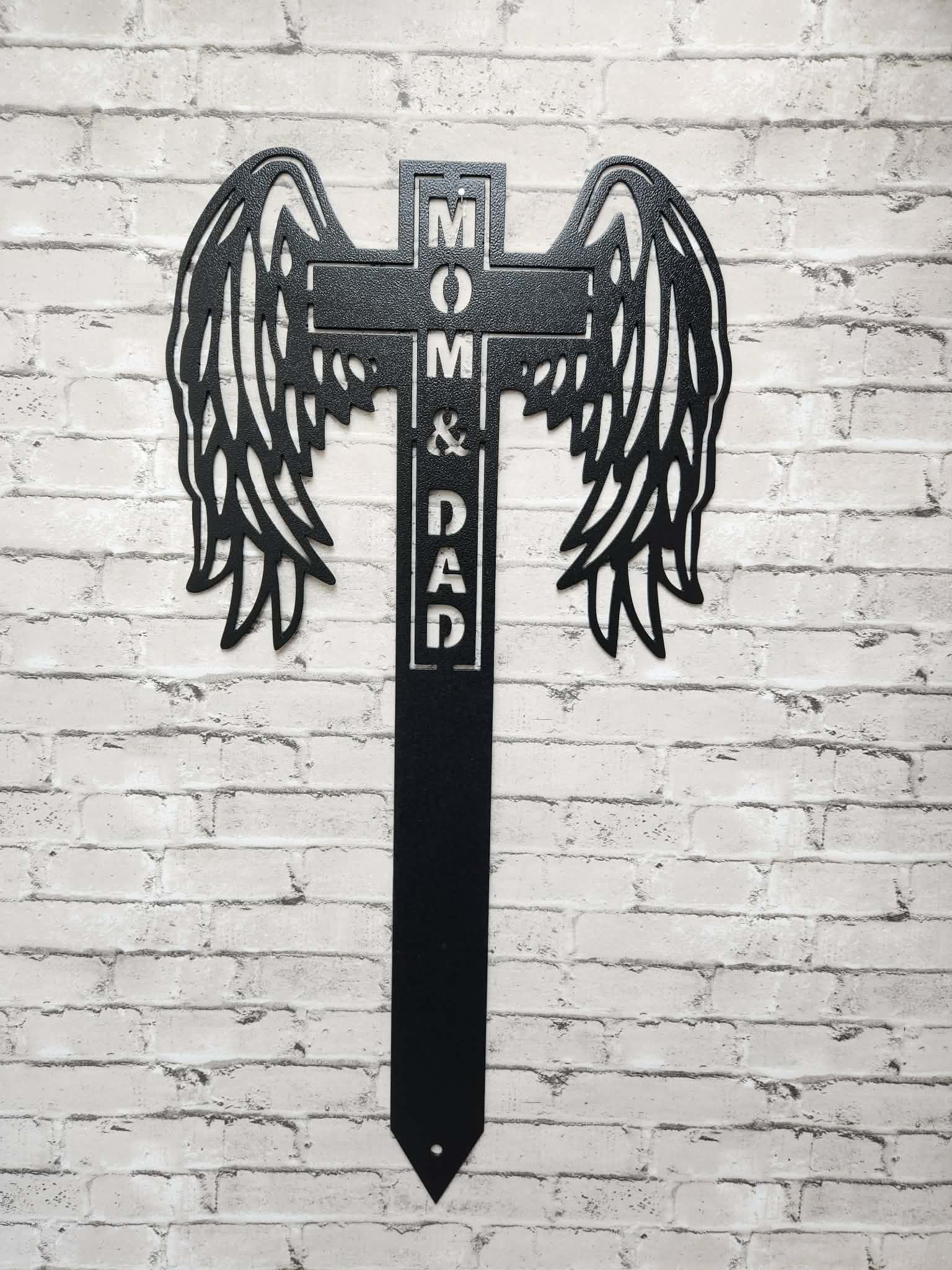 Metal Mom & Dad Angel Wing Memorial Stake, Mom & Dad angel wing cemetery marker -  metal art, metal signs, metal memorial stake