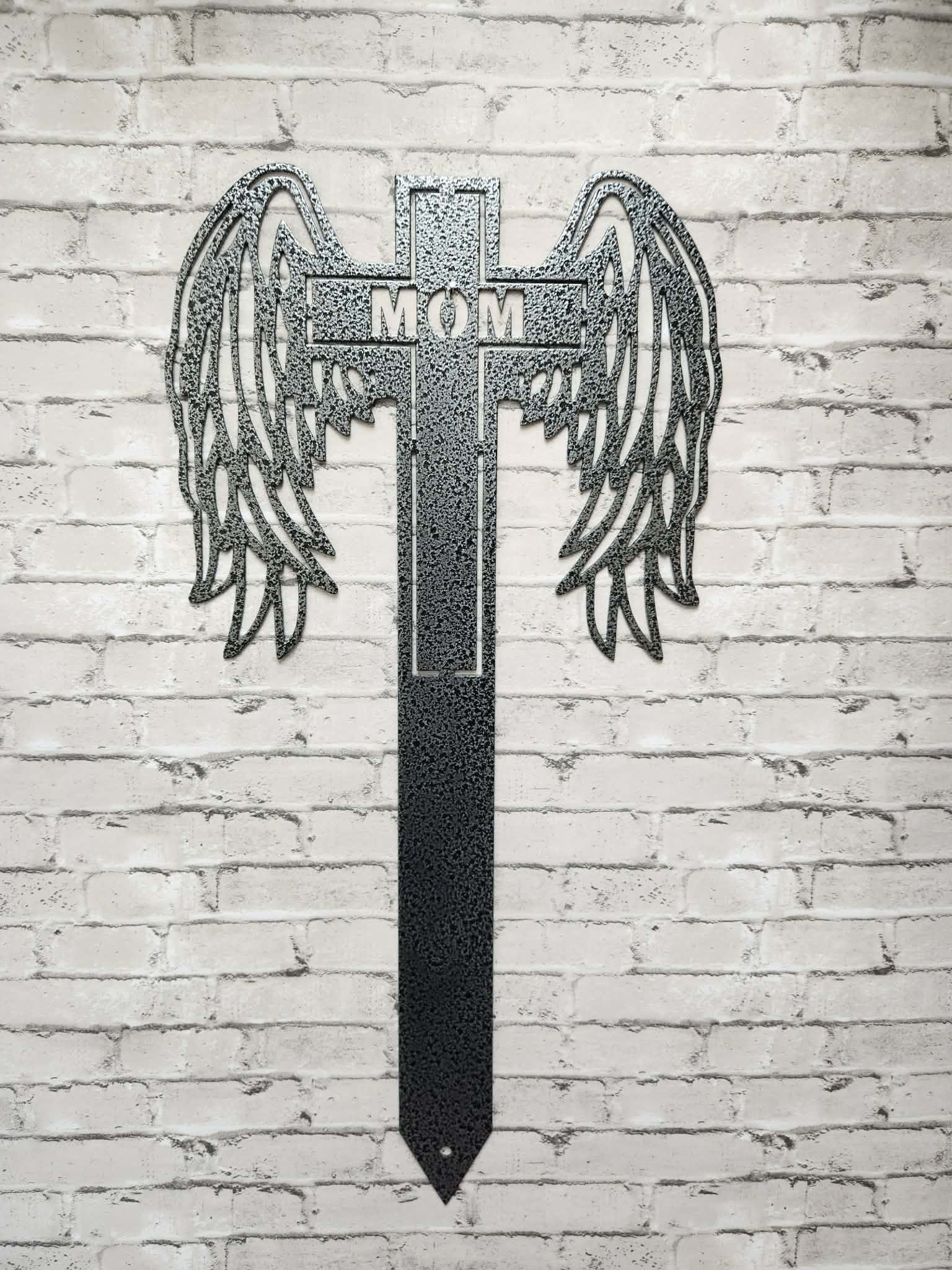 Metal Mom Angel Wing Memorial Stake, Mom Angel wing cemetery marker -  metal art, metal signs, metal memorial stake