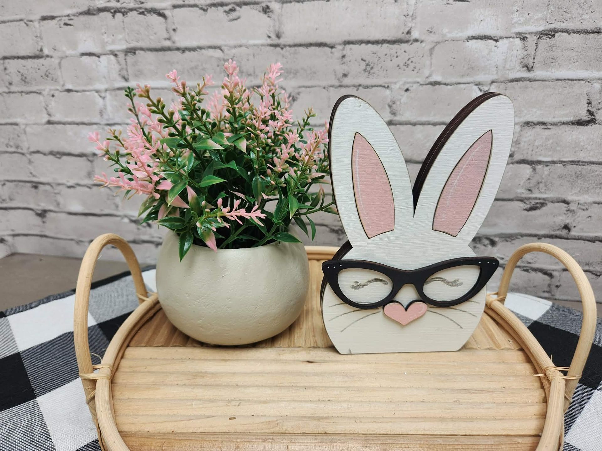 White Chunky bunny, Easter bunny, wood bunny shelf sitter, Chunky bunny with glasses, tiered tray Easter decor, dough bowl Easter decor
