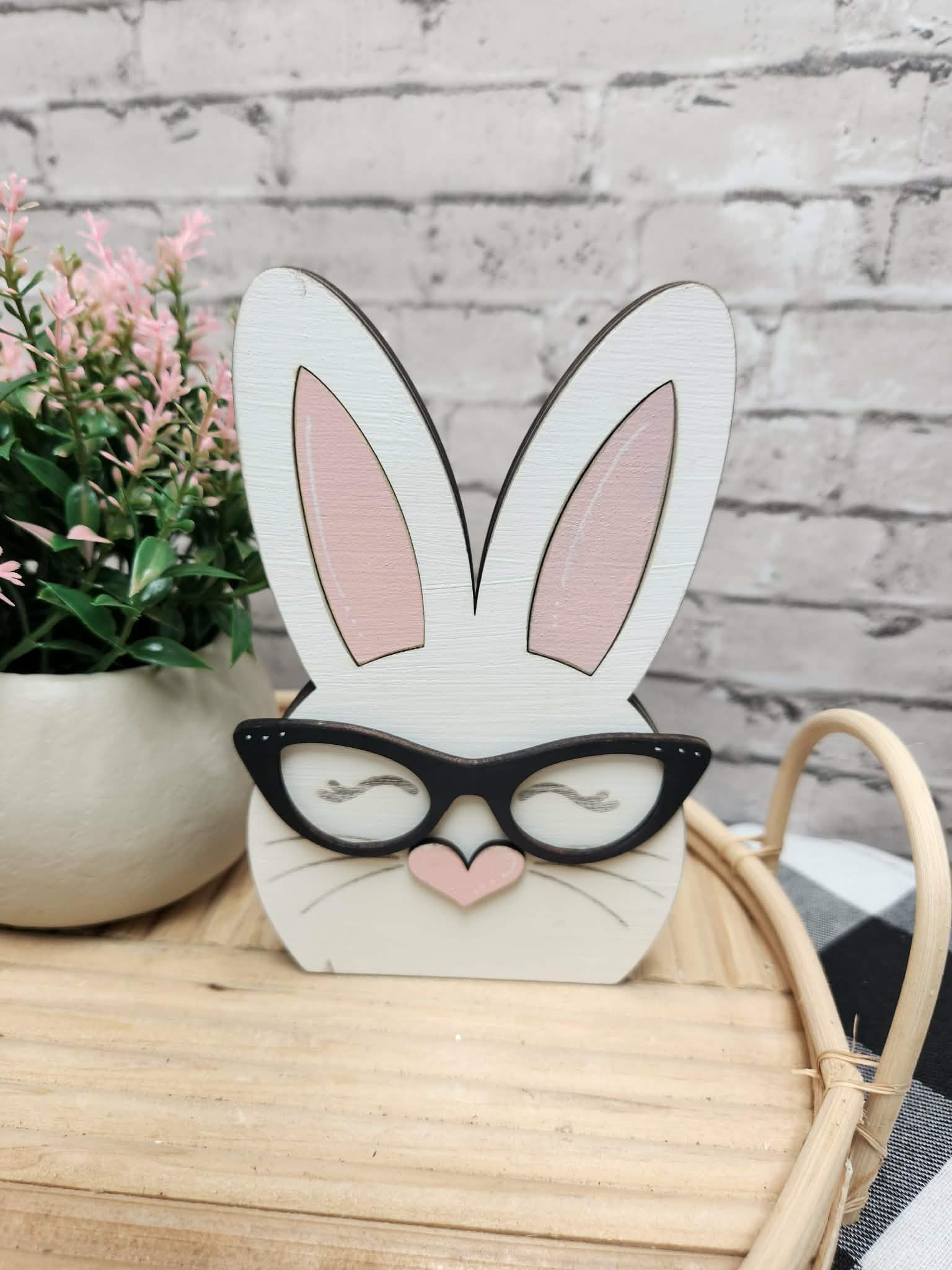 White Chunky bunny, Easter bunny, wood bunny shelf sitter, Chunky bunny with glasses, tiered tray Easter decor, dough bowl Easter decor