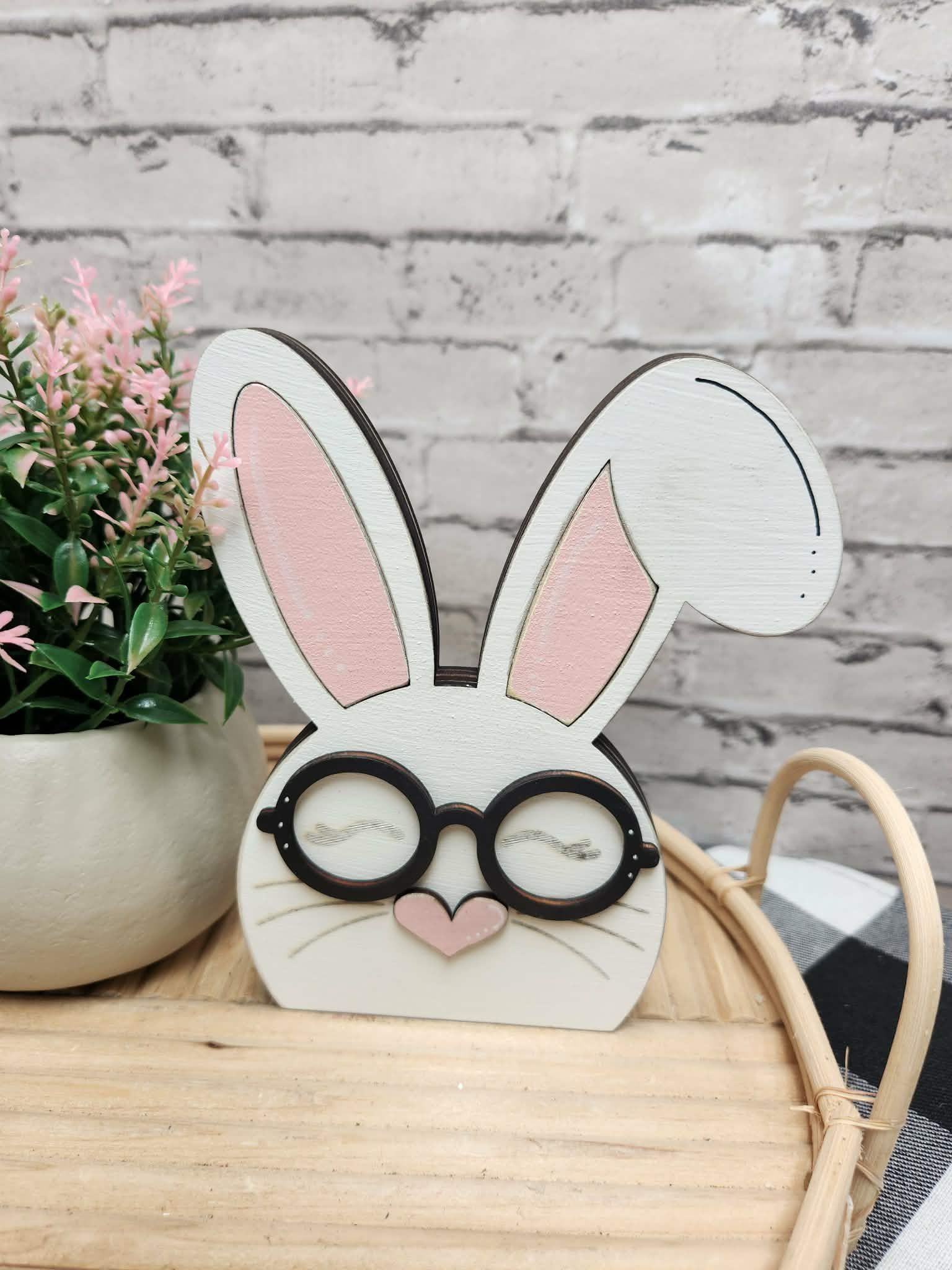 White Chunky bunny with bent ear, Easter bunny, wood bunny shelf sitter, Chunky bunny with glasses, tiered tray Easter decor, dough bowl Easter decor