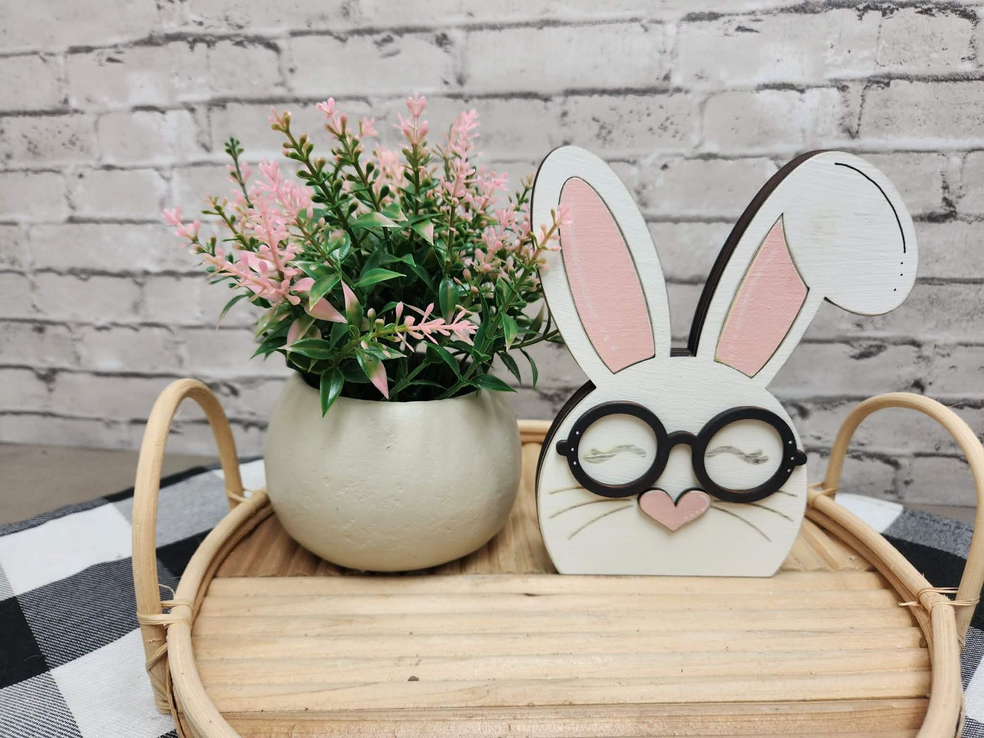 White Chunky bunny with bent ear, Easter bunny, wood bunny shelf sitter, Chunky bunny with glasses, tiered tray Easter decor, dough bowl Easter decor