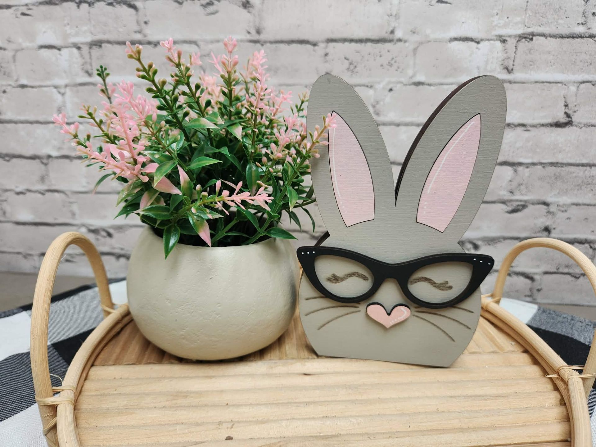 Grey Chunky bunny, Easter bunny, wood bunny shelf sitter, Chunky bunny with glasses, tiered tray Easter decor, dough bowl Easter decor