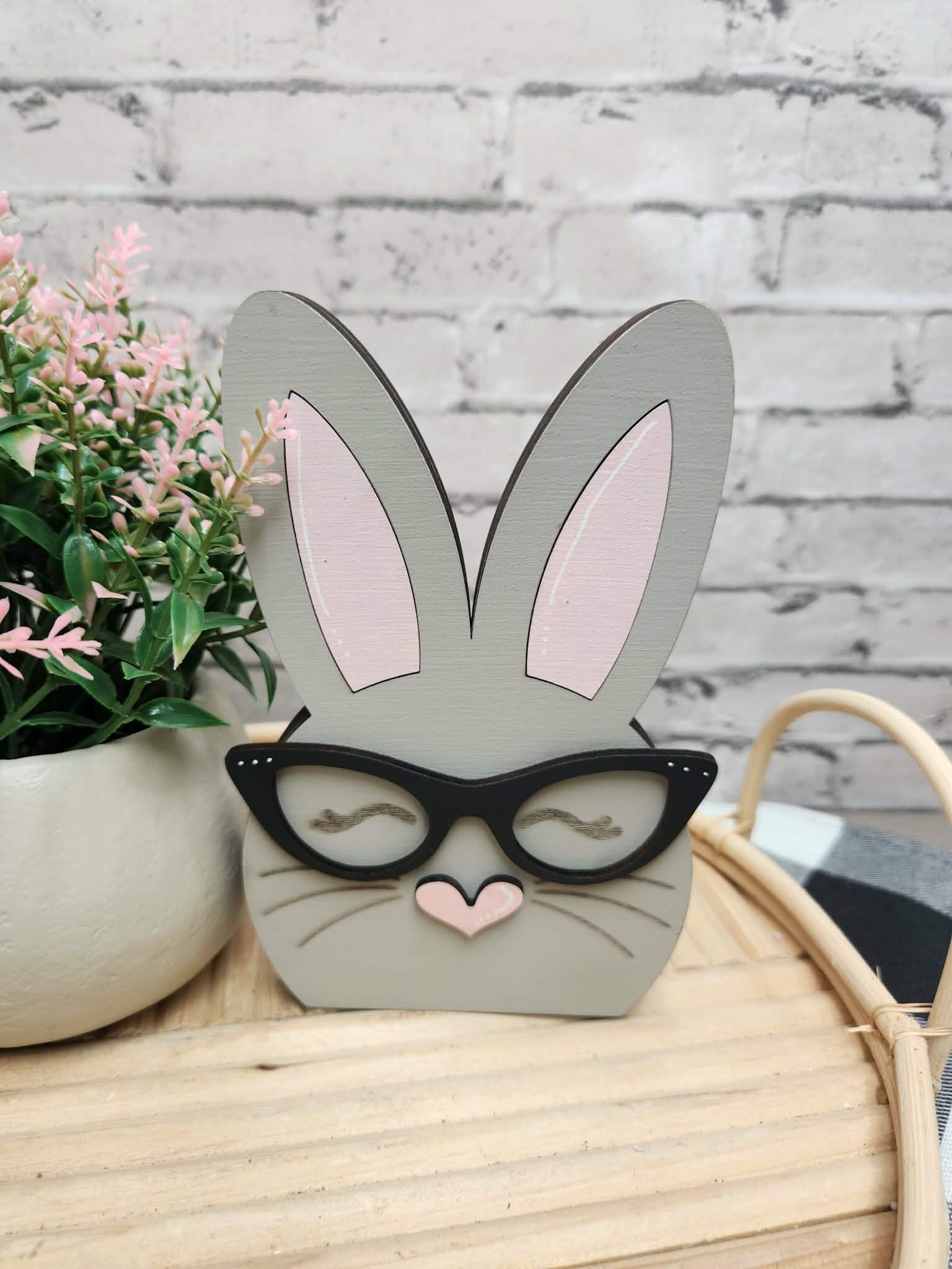 Grey Chunky bunny, Easter bunny, wood bunny shelf sitter, Chunky bunny with glasses, tiered tray Easter decor, dough bowl Easter decor