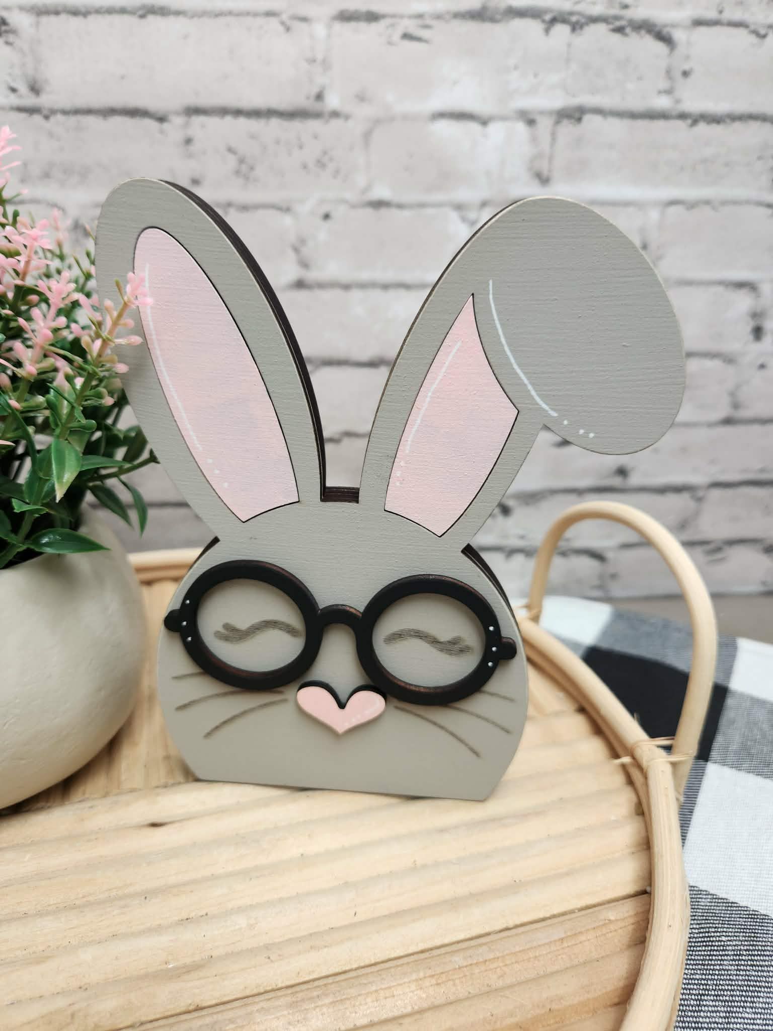 Grey Chunky bunny with bent ear, Easter bunny, wood bunny shelf sitter, Chunky bunny with glasses, tiered tray Easter decor, dough bowl Easter decor