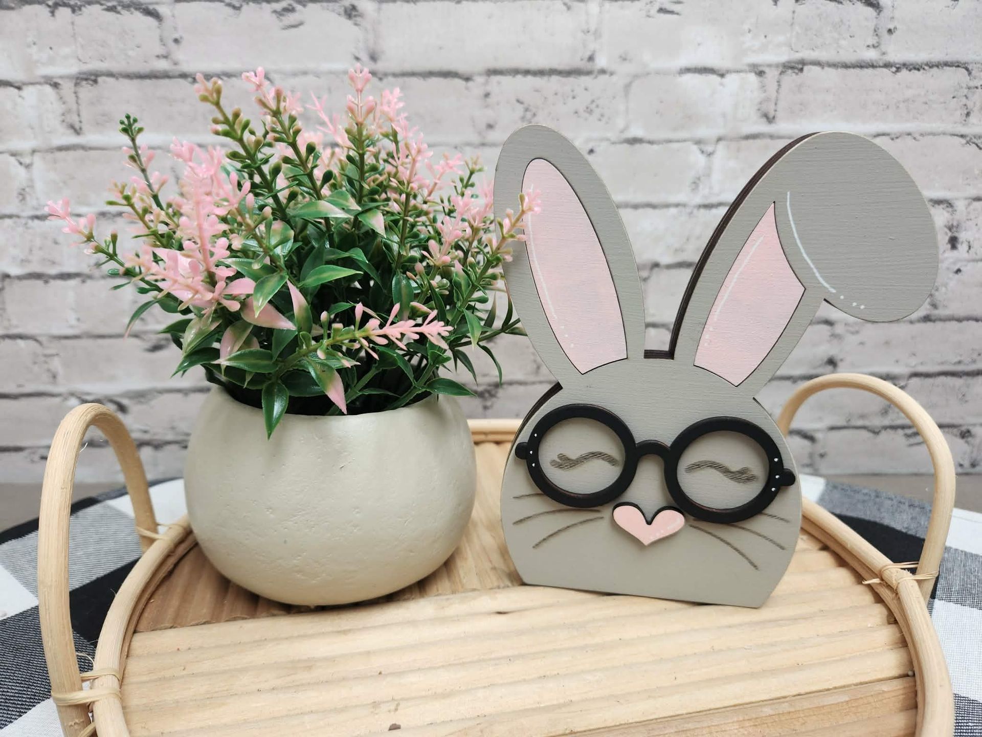Grey Chunky bunny with bent ear, Easter bunny, wood bunny shelf sitter, Chunky bunny with glasses, tiered tray Easter decor, dough bowl Easter decor