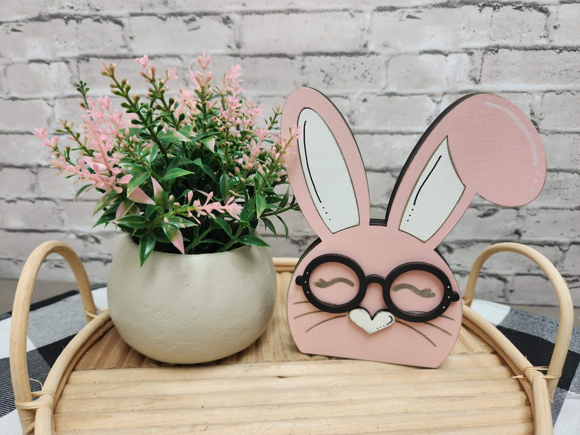 Pink Chunky bunny with bent ear, Easter bunny, wood bunny shelf sitter, Chunky bunny with glasses, tiered tray Easter decor, dough bowl Easter decor