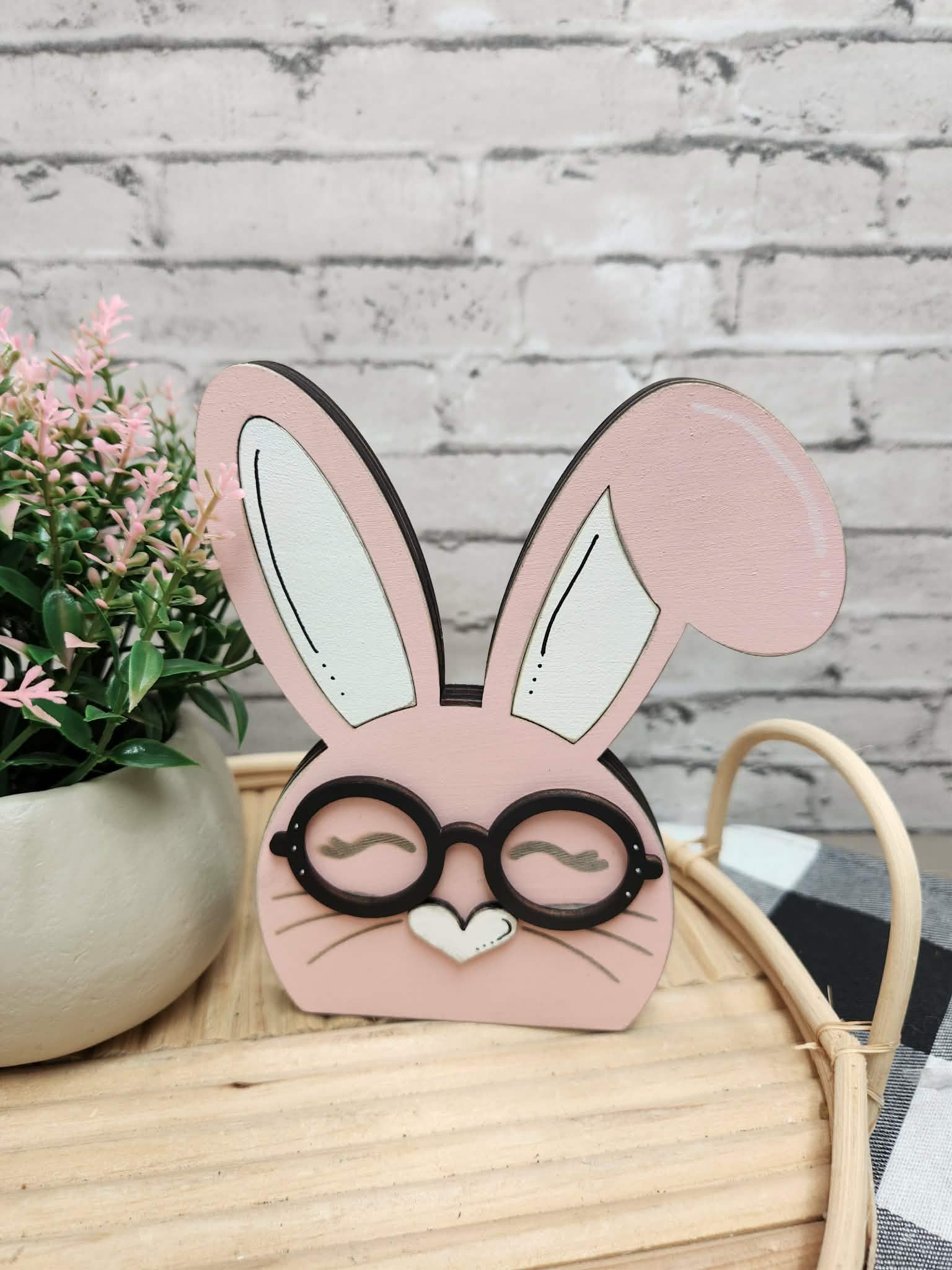 Pink Chunky bunny with bent ear, Easter bunny, wood bunny shelf sitter, Chunky bunny with glasses, tiered tray Easter decor, dough bowl Easter decor