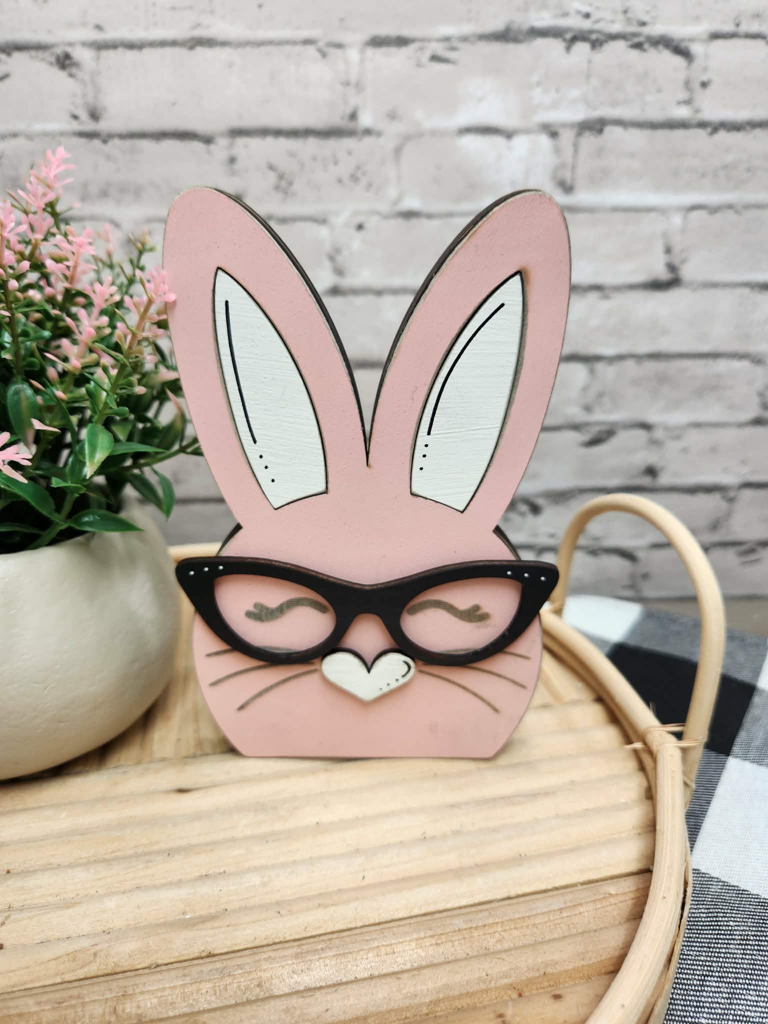 Pink Chunky bunny, Easter bunny, wood bunny shelf sitter, Chunky bunny with glasses, tiered tray Easter decor, dough bowl Easter decor