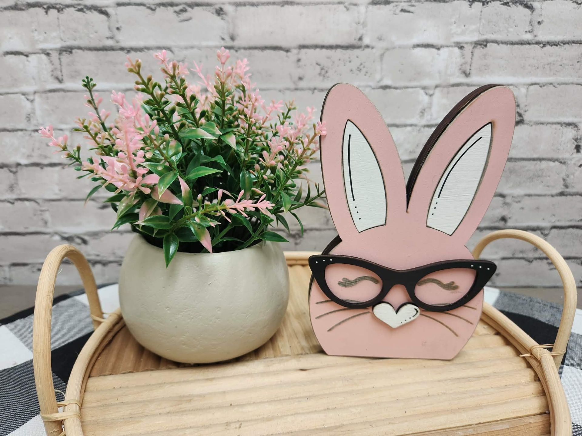 Pink Chunky bunny, Easter bunny, wood bunny shelf sitter, Chunky bunny with glasses, tiered tray Easter decor, dough bowl Easter decor
