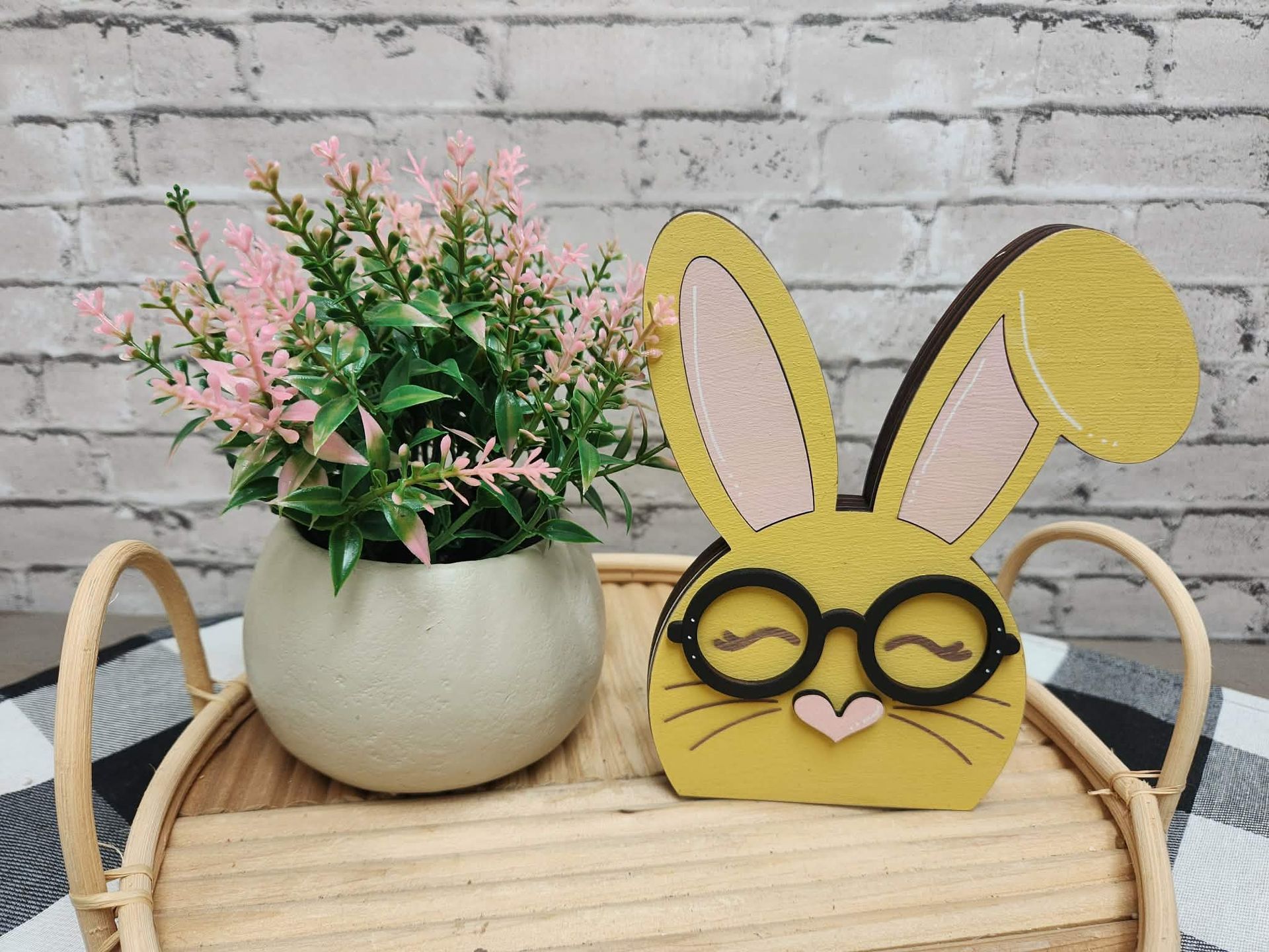 Yellow chunky bunny with bent ear, Easter bunny, wood bunny shelf sitter, Chunky bunny with glasses, tiered tray Easter decor, dough bowl Easter decor