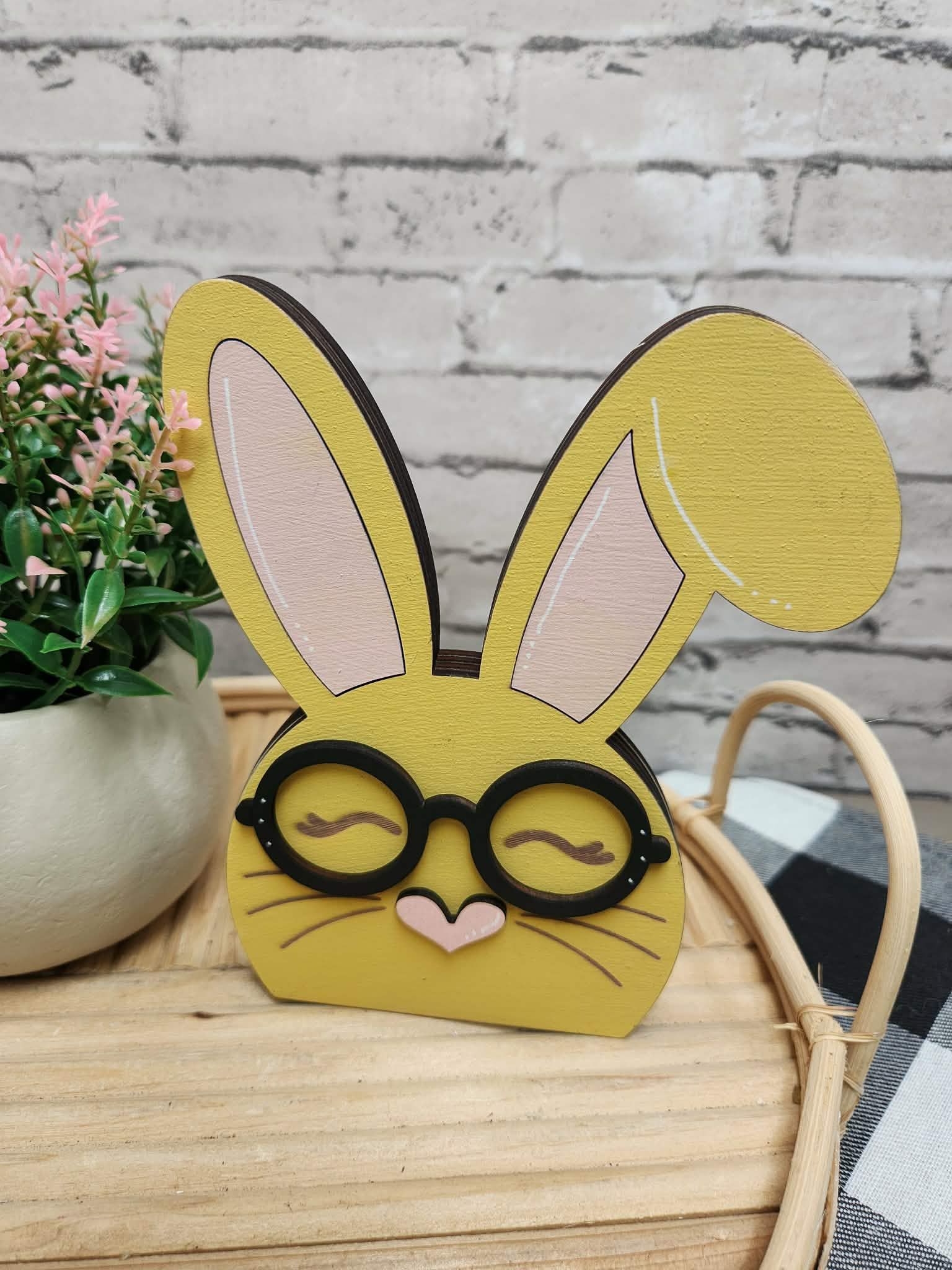 Yellow chunky bunny with bent ear, Easter bunny, wood bunny shelf sitter, Chunky bunny with glasses, tiered tray Easter decor, dough bowl Easter decor