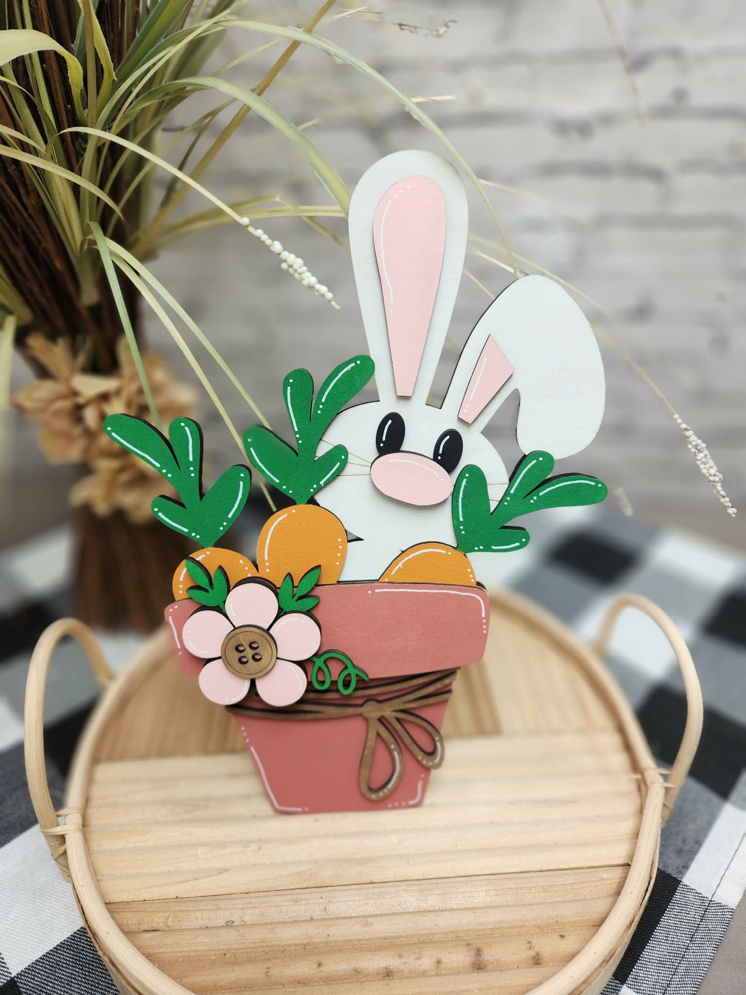 Self standing Easter bunny with flower pot and carrots, Easter decor, Easter tiered tray decor, Easter dough bowl decor
