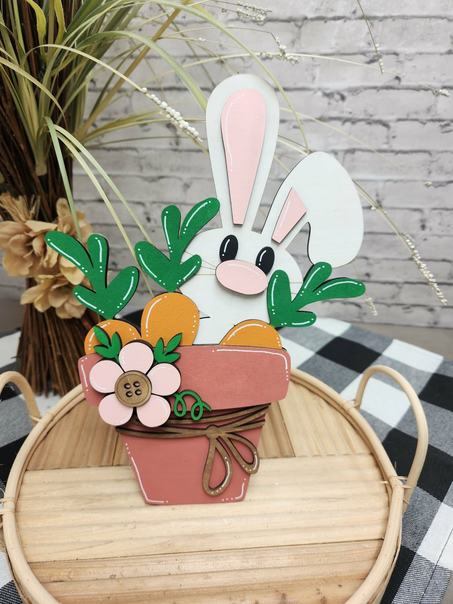 Self standing Easter bunny with flower pot and carrots, Easter decor, Easter tiered tray decor, Easter dough bowl decor