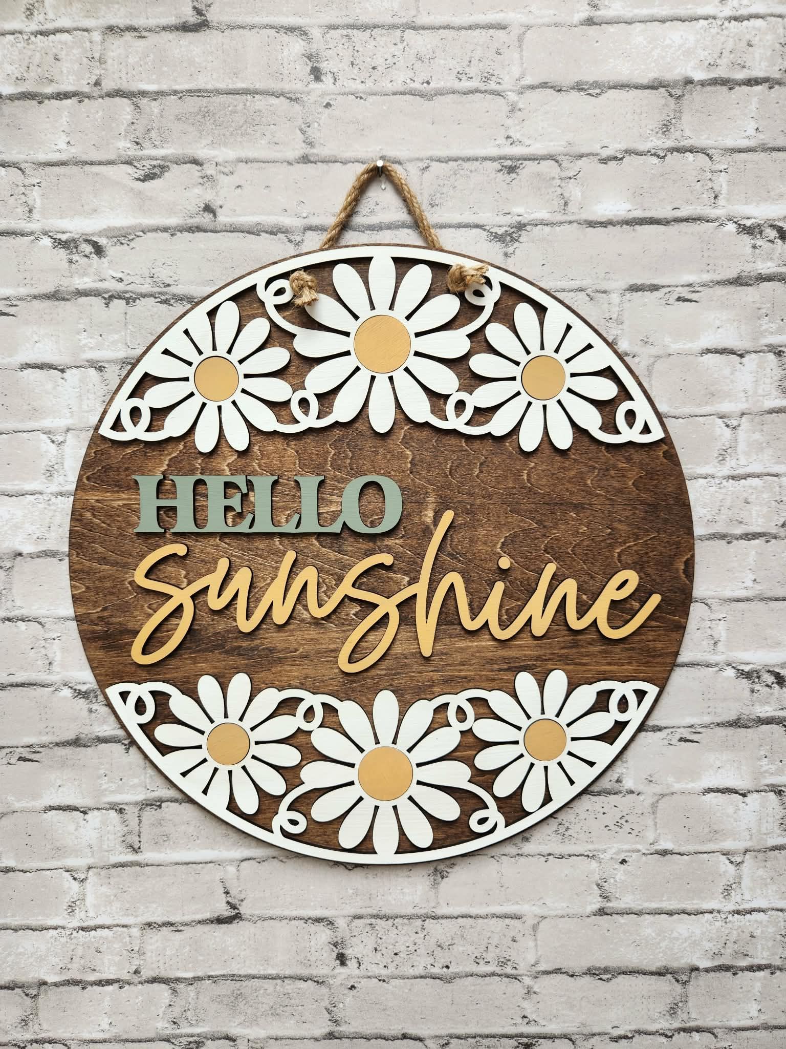 Round door hanger, hello sunshine with daisies sign door hanger, summer door sign