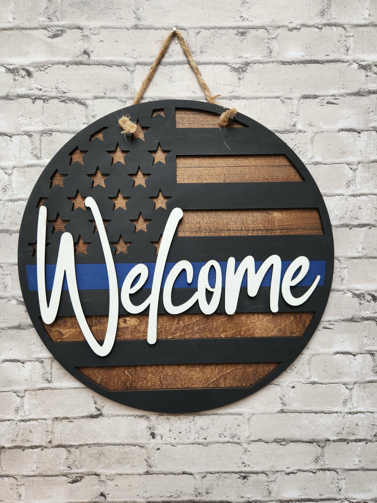 Welcome American Flag blue stripe door hanger, Police officer welcome sign
