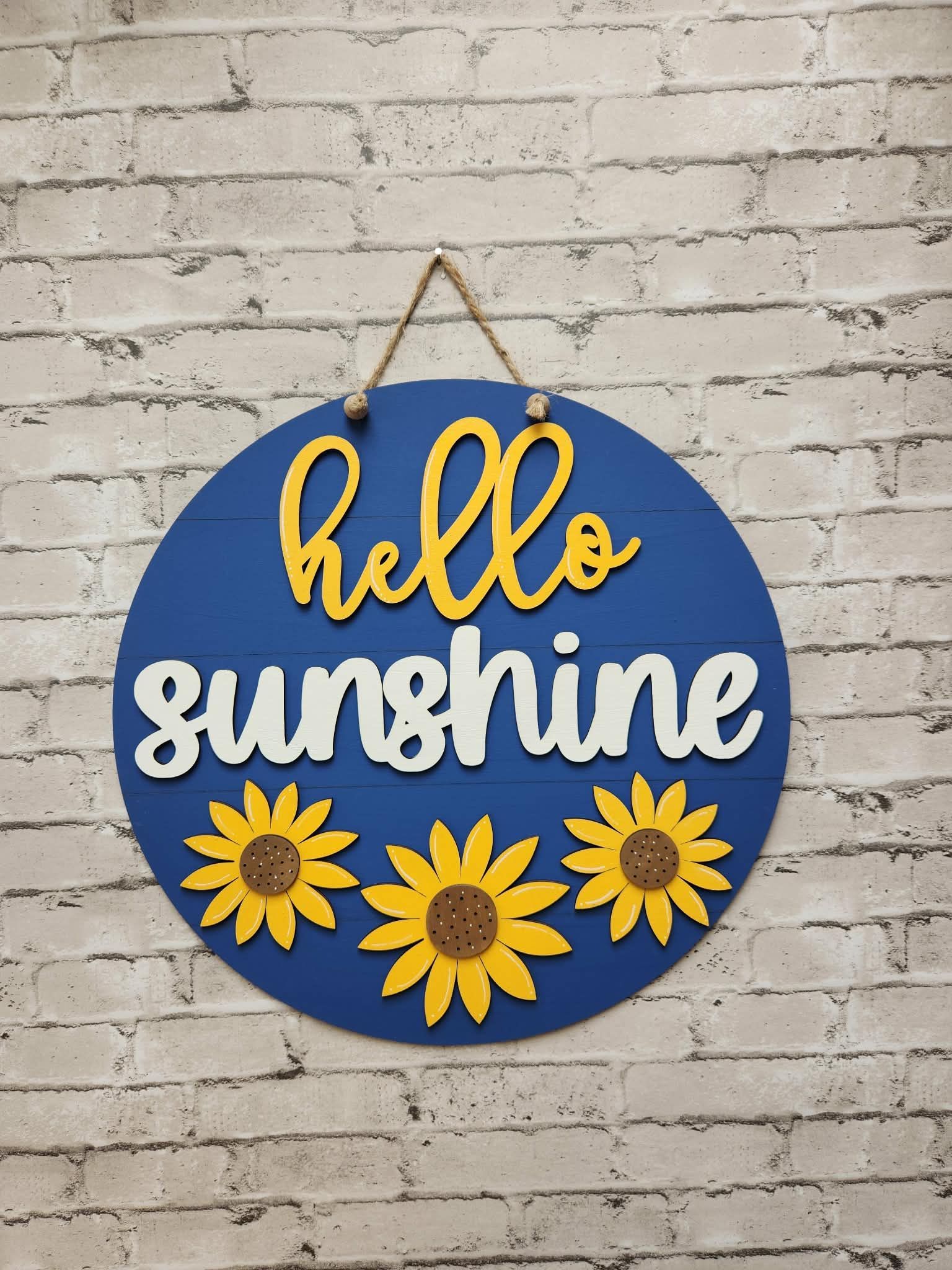 Round hello sunshine door hanger, round hello sunshine with sunflowers door sign, round hello sunshine sunflower sign