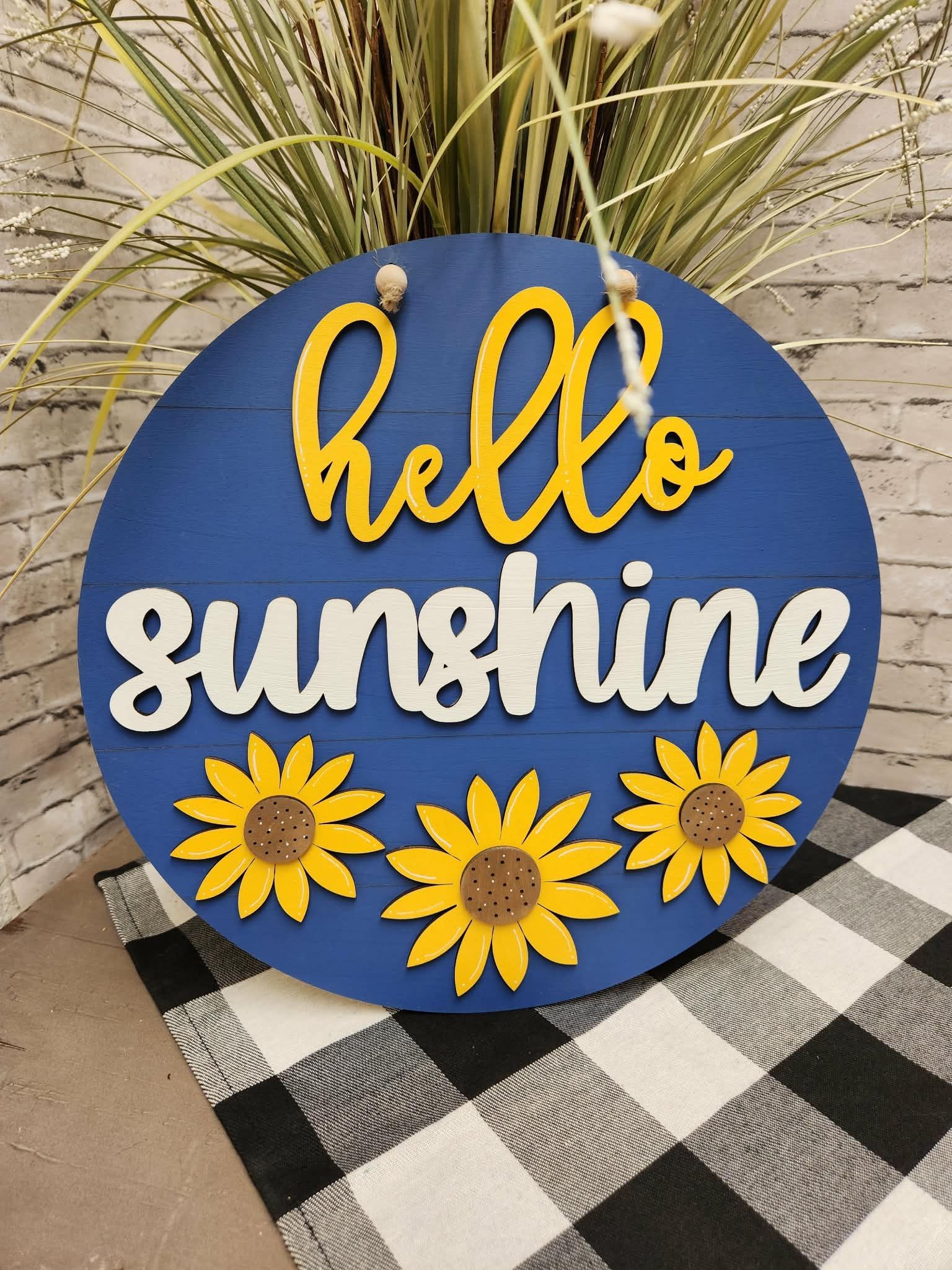 Round hello sunshine door hanger, round hello sunshine with sunflowers door sign, round hello sunshine sunflower sign