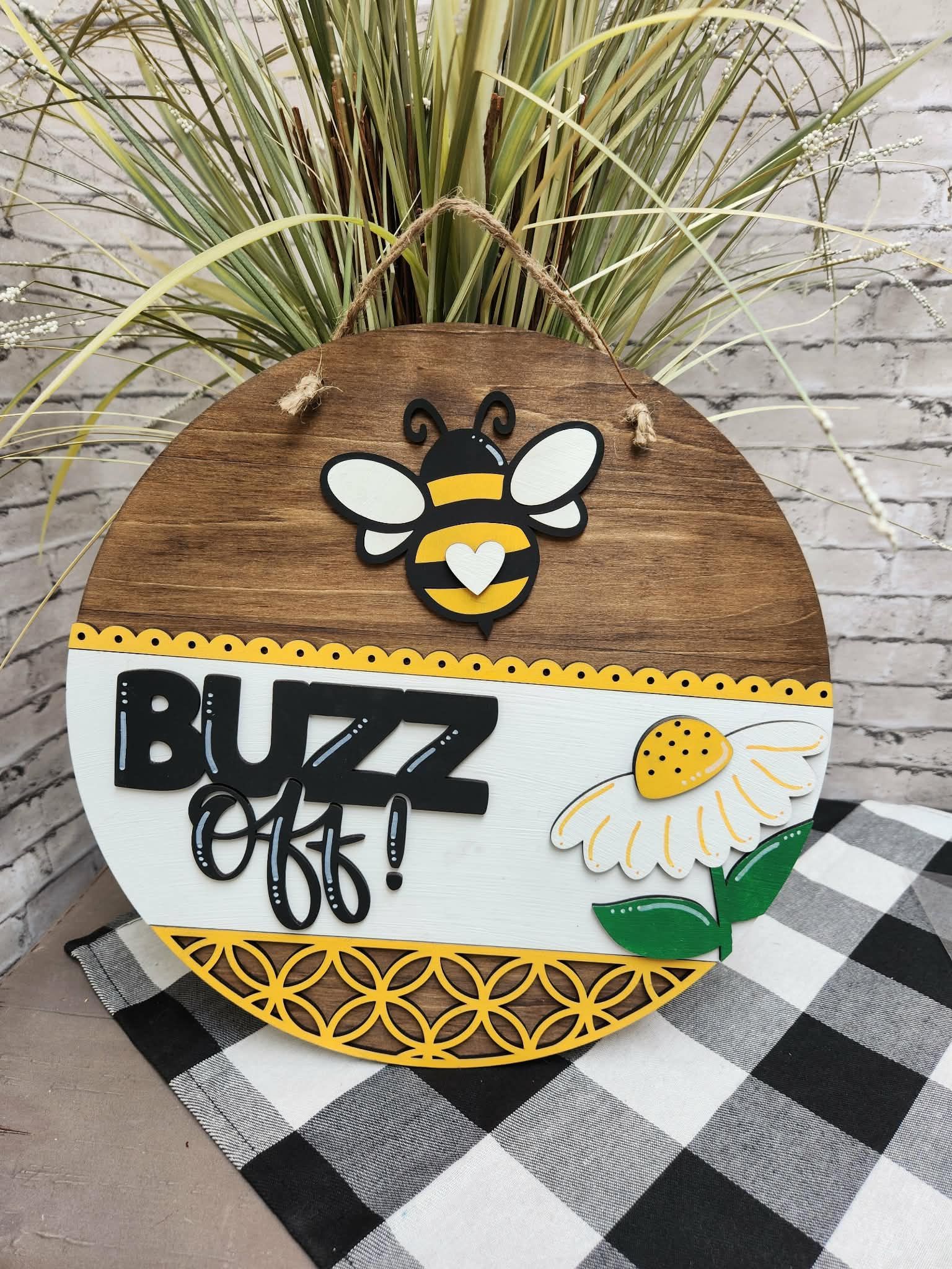 Round buzz off door sign, round buzz off door hanger, bee buzz off door sign
