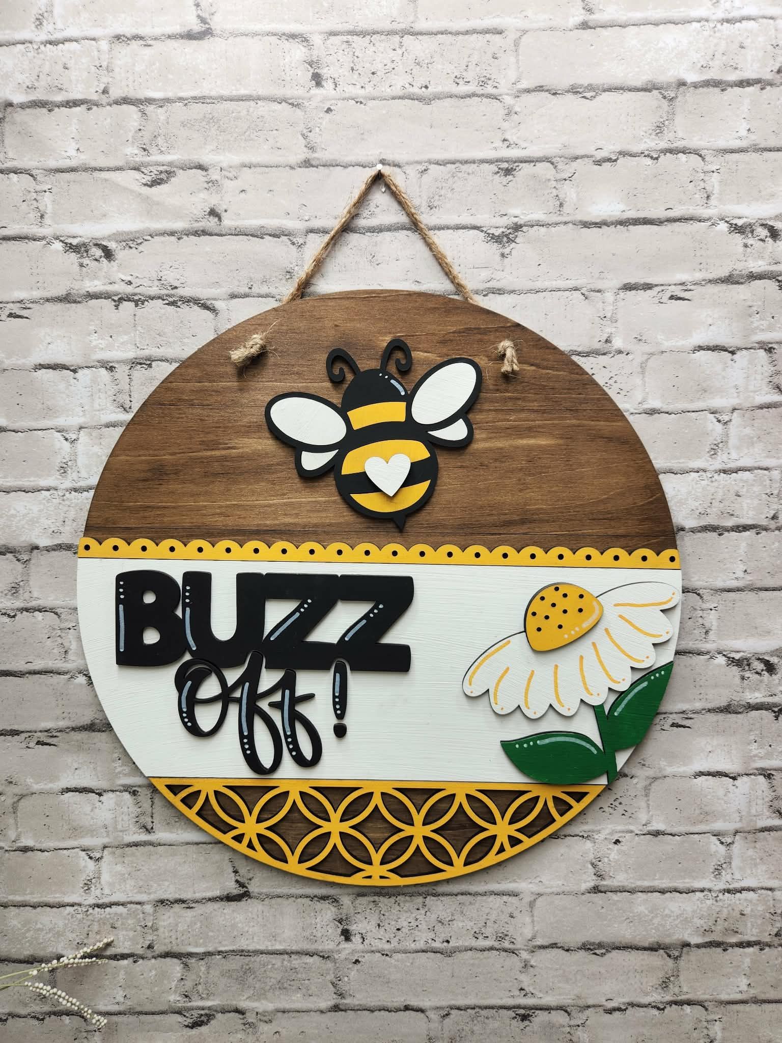 Round buzz off door sign, round buzz off door hanger, bee buzz off door sign