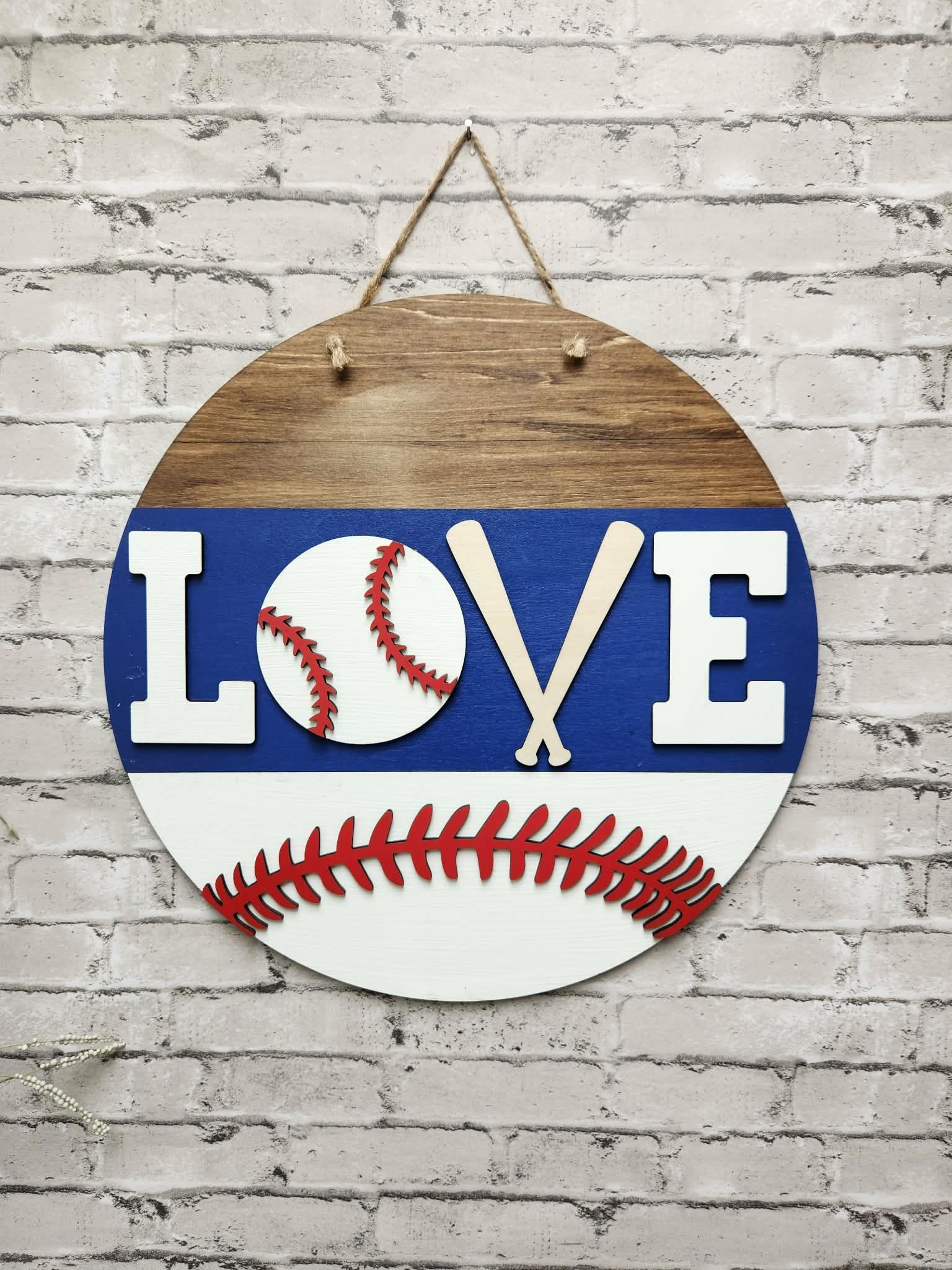Round baseball door hanger, Round LOVE baseball door sign, Round baseball door sign