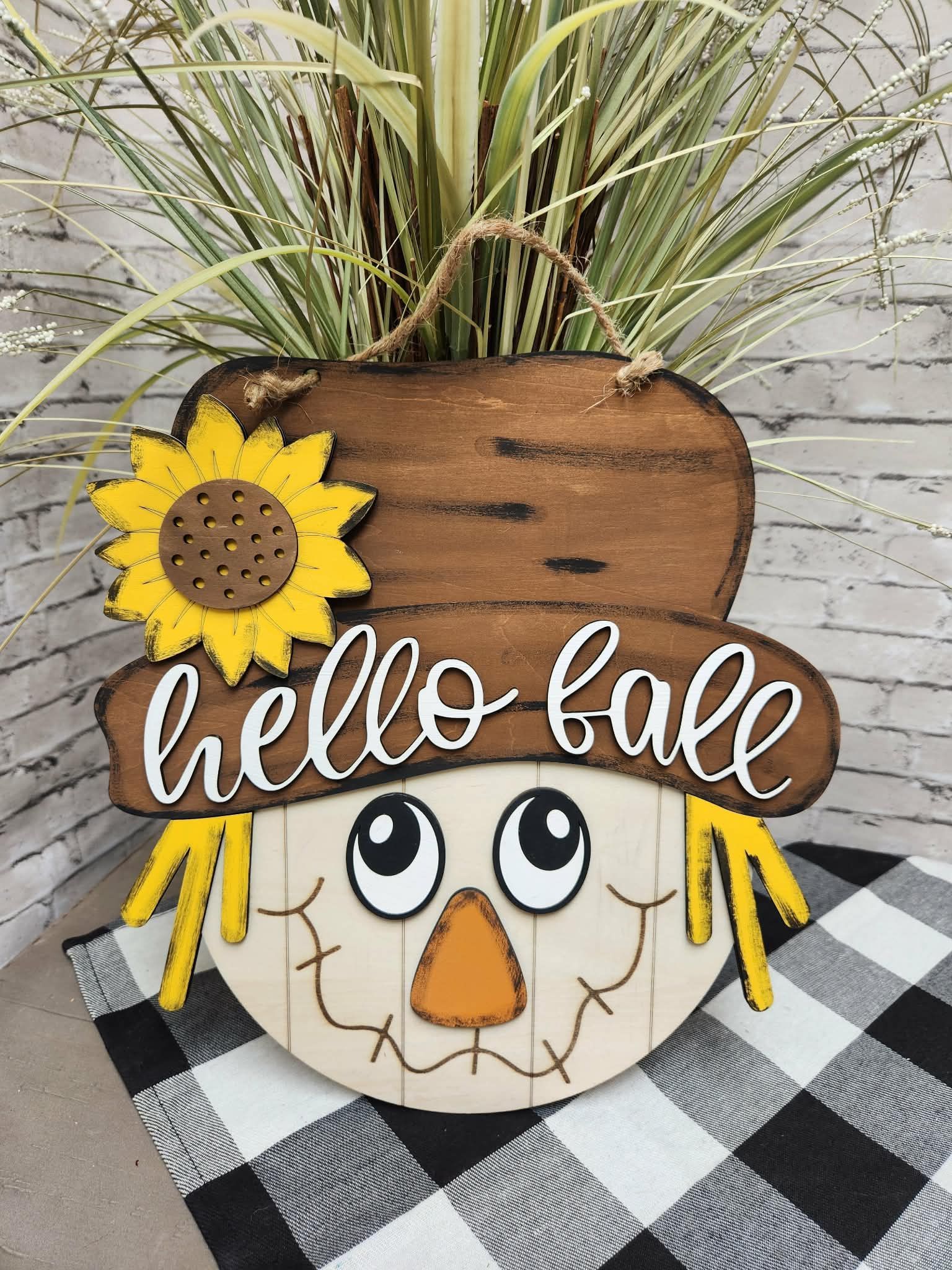 Hello Fall Scarecrow door sign, Hello fall scarecrow door hanger, scarecrow fall door sign