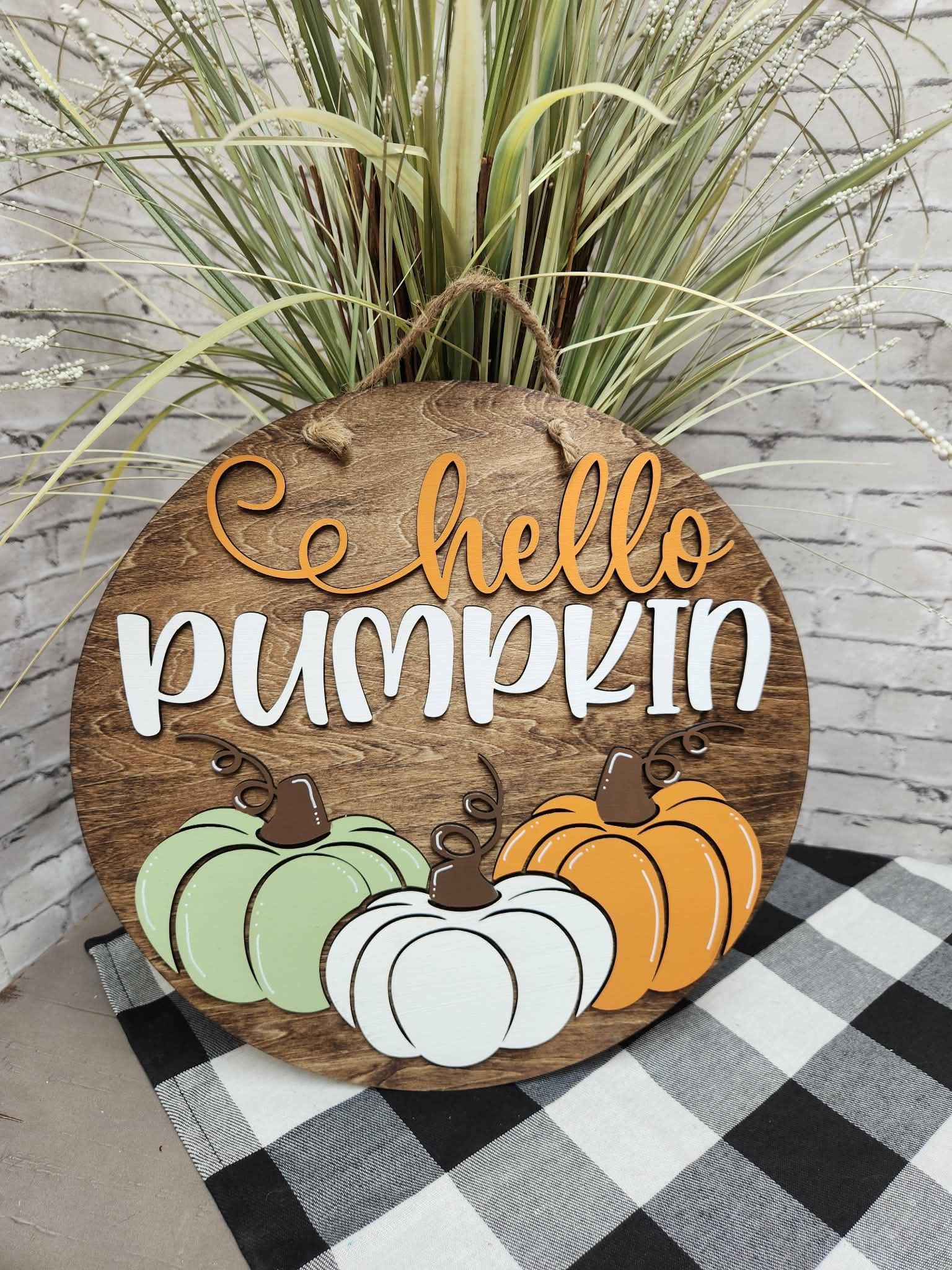 Round hello pumpkin door sign, round hello pumpkin door hanger, round Fall door hanger