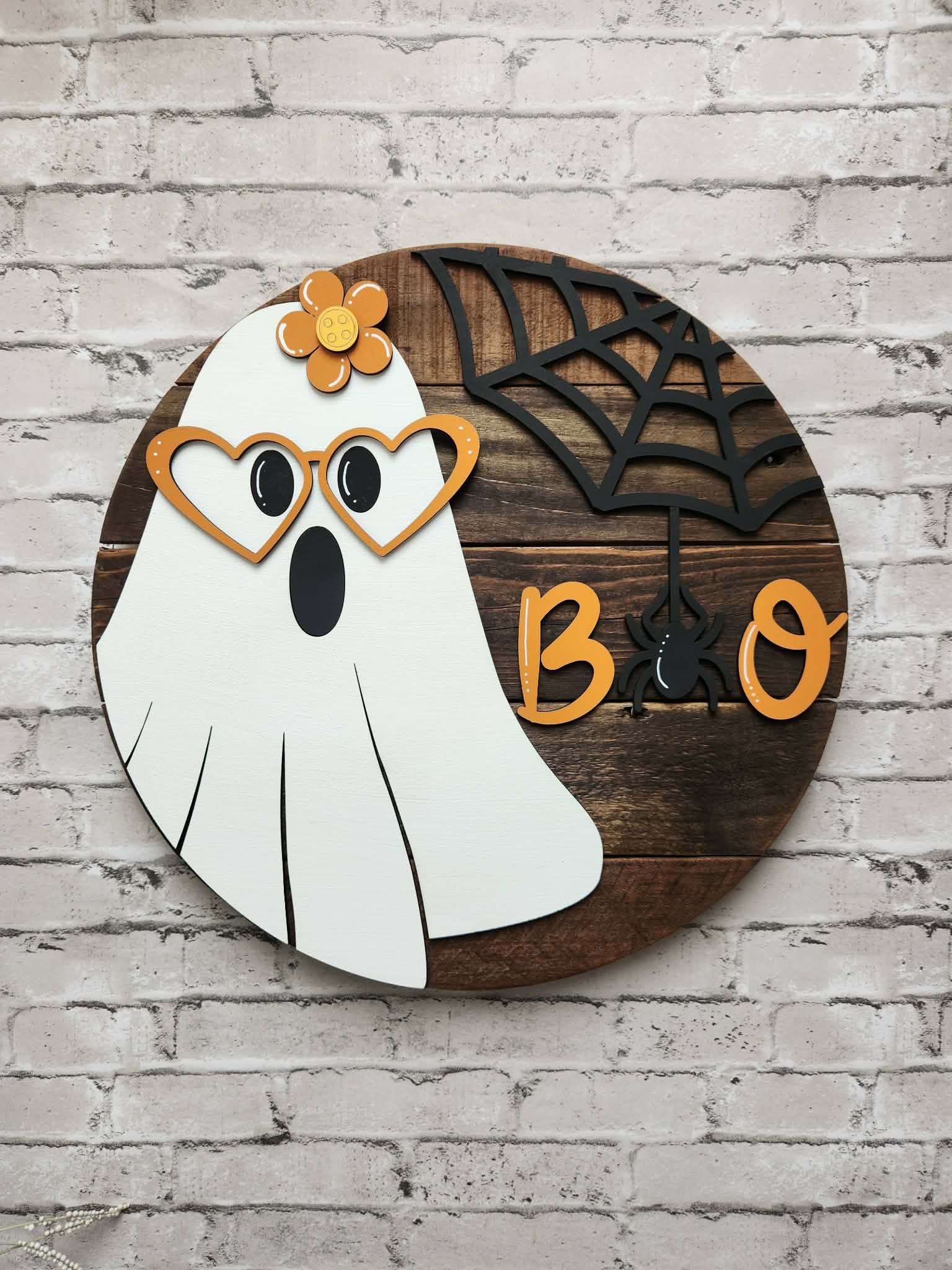 Round Boo door hanger, Round boo with ghost door sign, Round Halloween door sign, Ghost door hanger