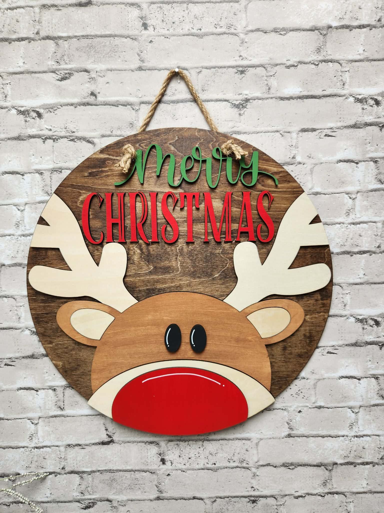 Round Merry Christmas door hanger, Round Merry Christmas door Sign, Round Christmas sign with reindeer, Round reindeer Christmas sign