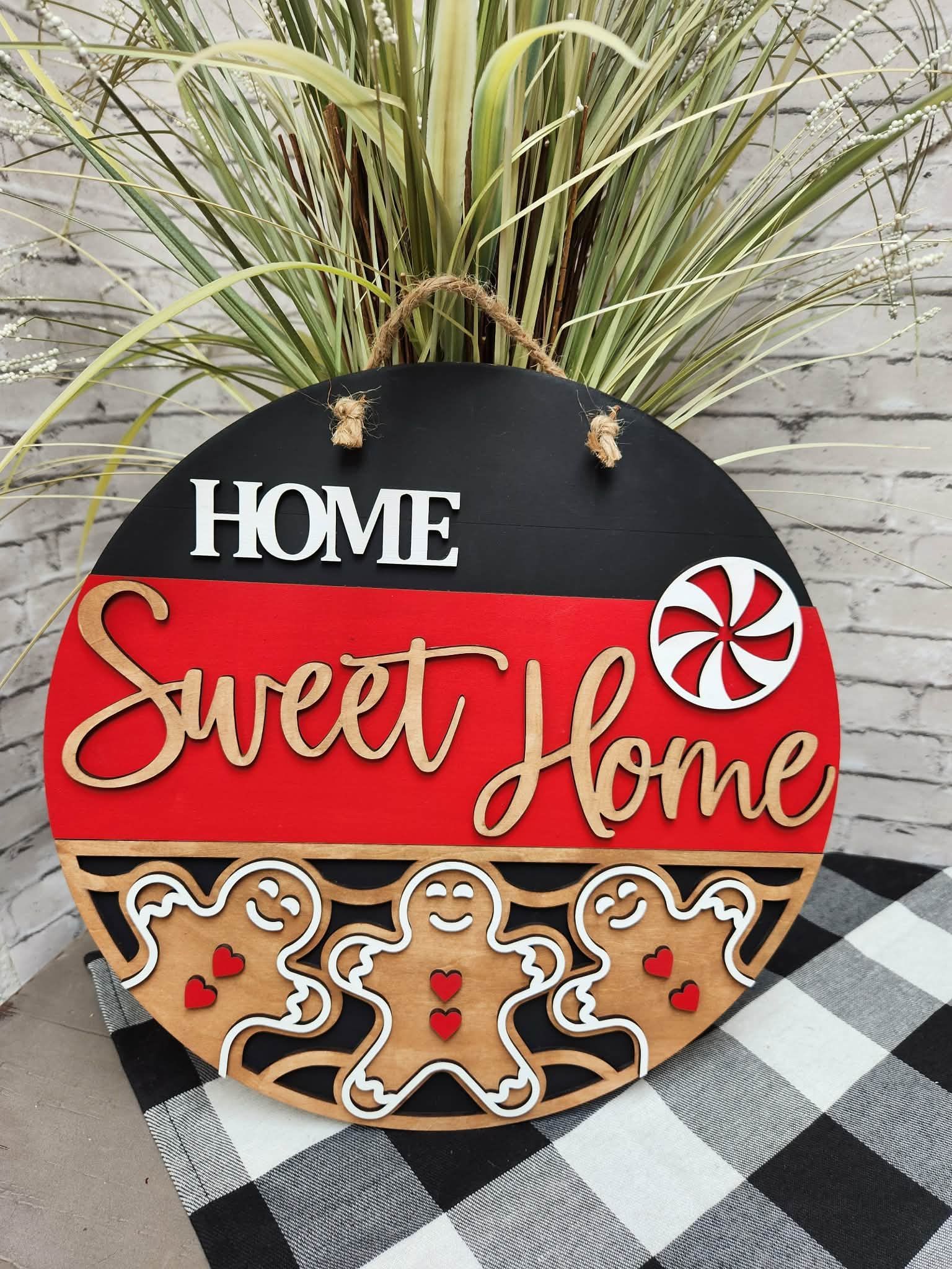 Round door hanger, Home Sweet Home door sign, Gingerbread door sign, Christmas door hanger