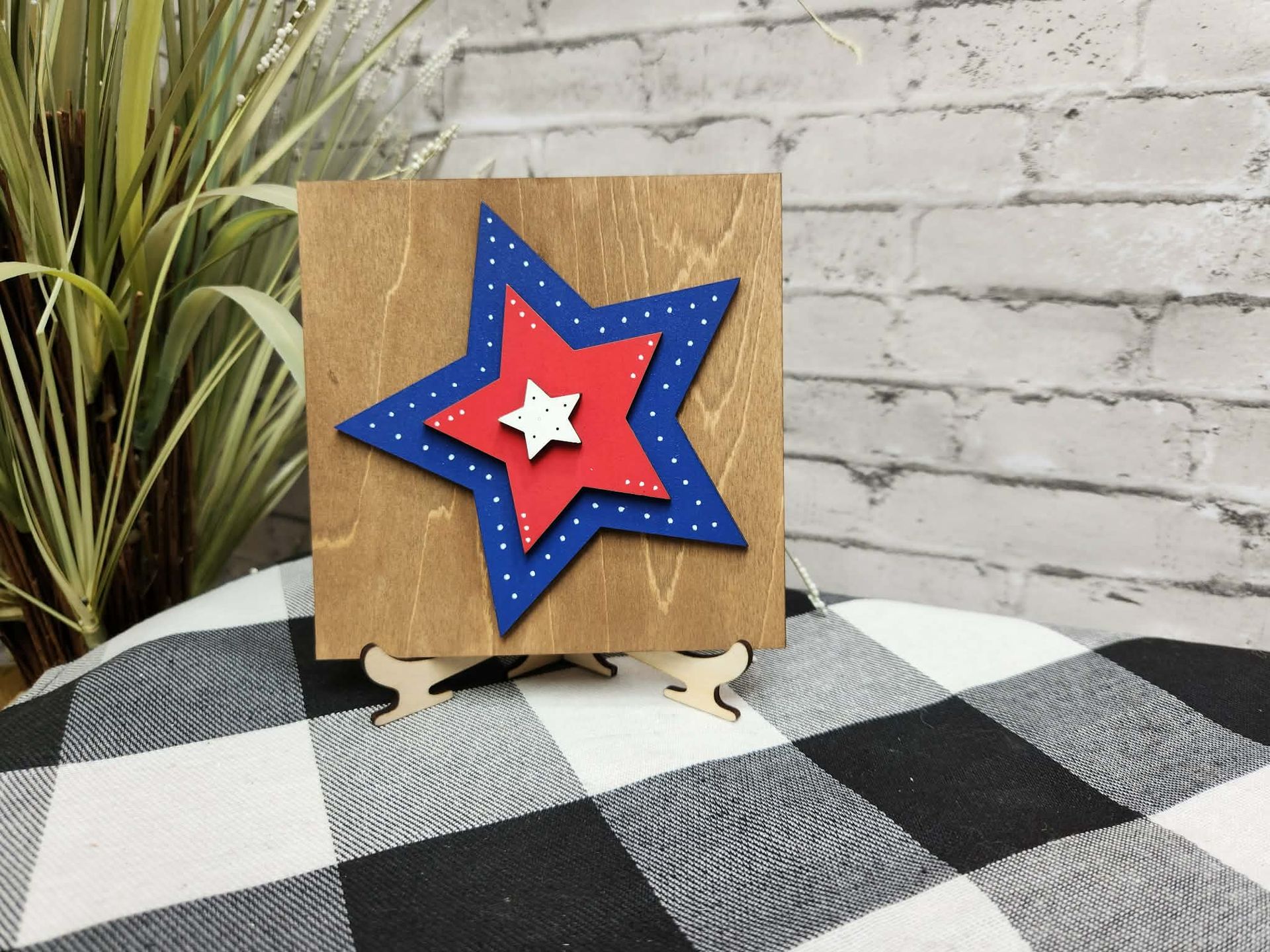 4th of July Star Change Out Square, Red, white & blue Star decor, Red, white & blue star tiered tray decor, 4th of July star dough bowl décor